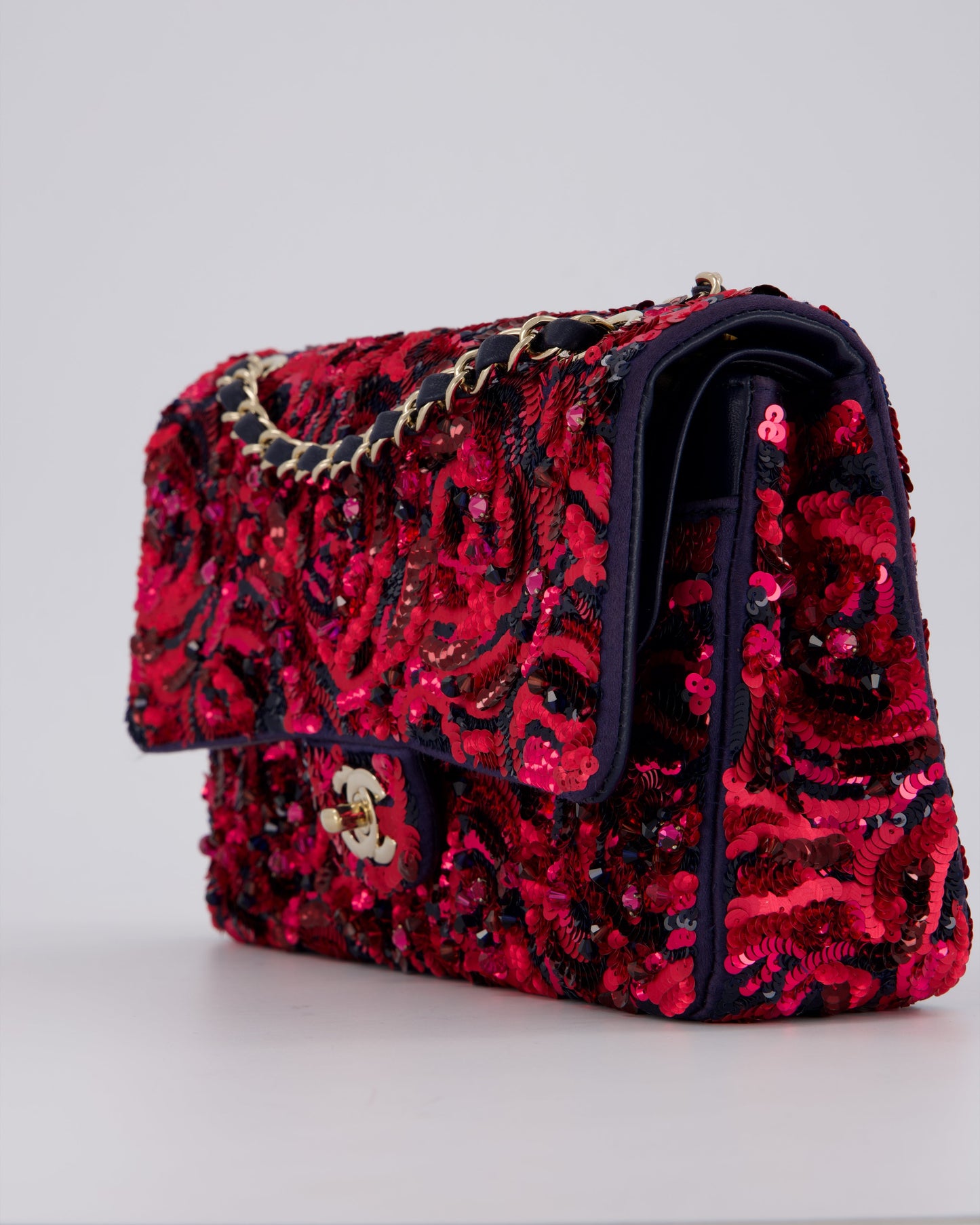 Chanel 21F/W Pink and Burgundy Sequin Embroidered Classic Medium Double Flap in Satin with Champagne Hardware