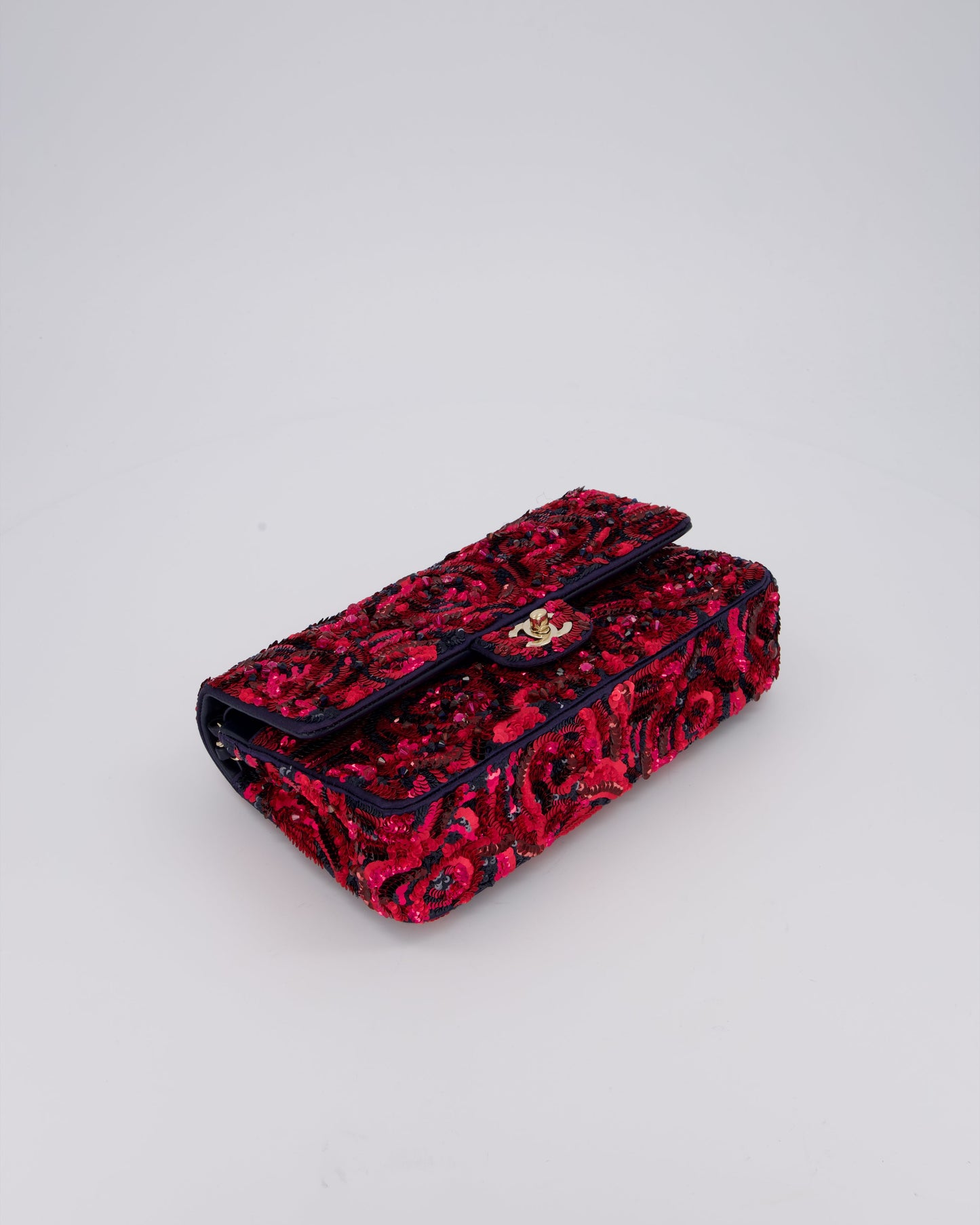 Chanel 21F/W Pink and Burgundy Sequin Embroidered Classic Medium Double Flap in Satin with Champagne Hardware
