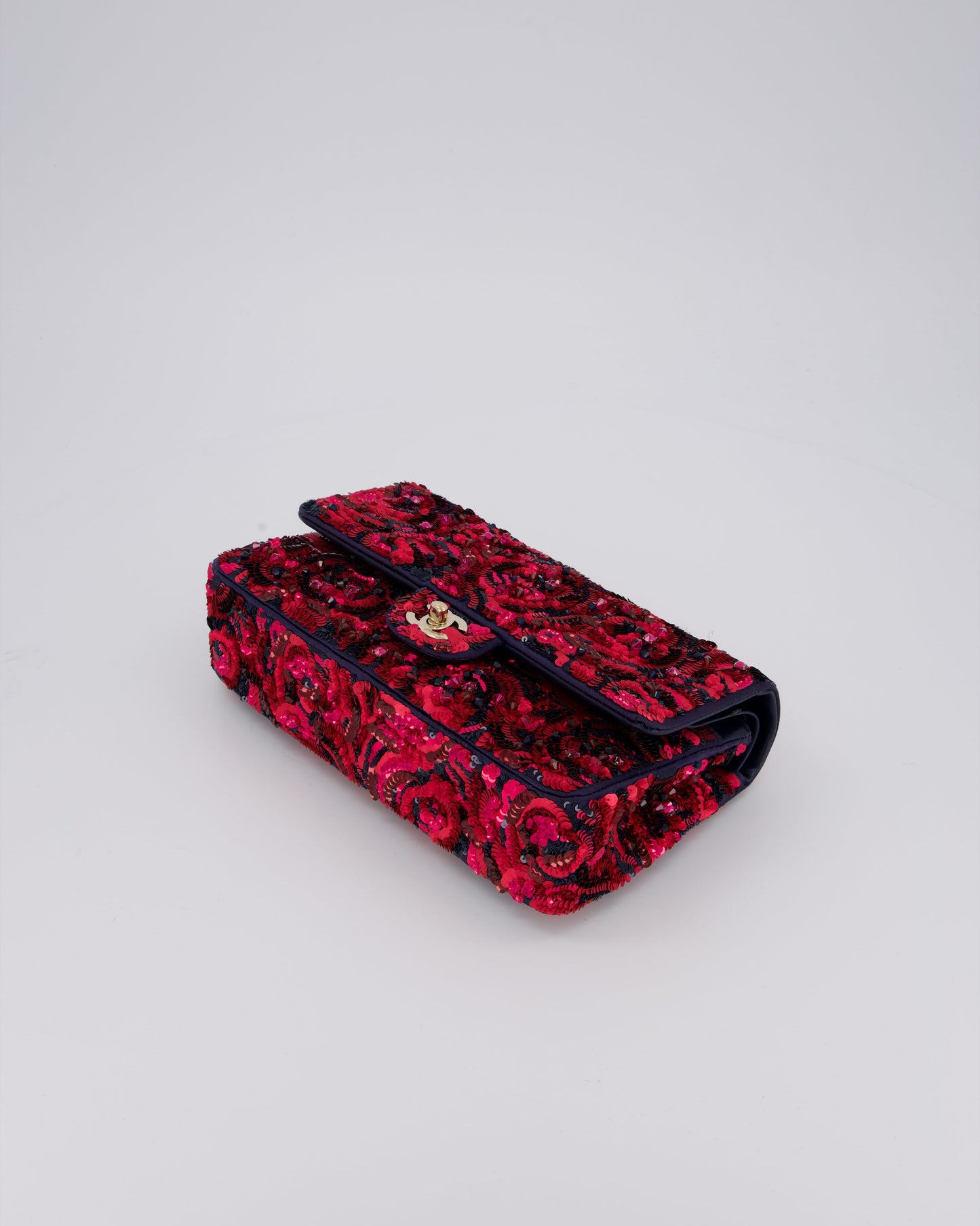 Chanel 21F/W Pink and Burgundy Sequin Embroidered Classic Medium Double Flap in Satin with Champagne Hardware