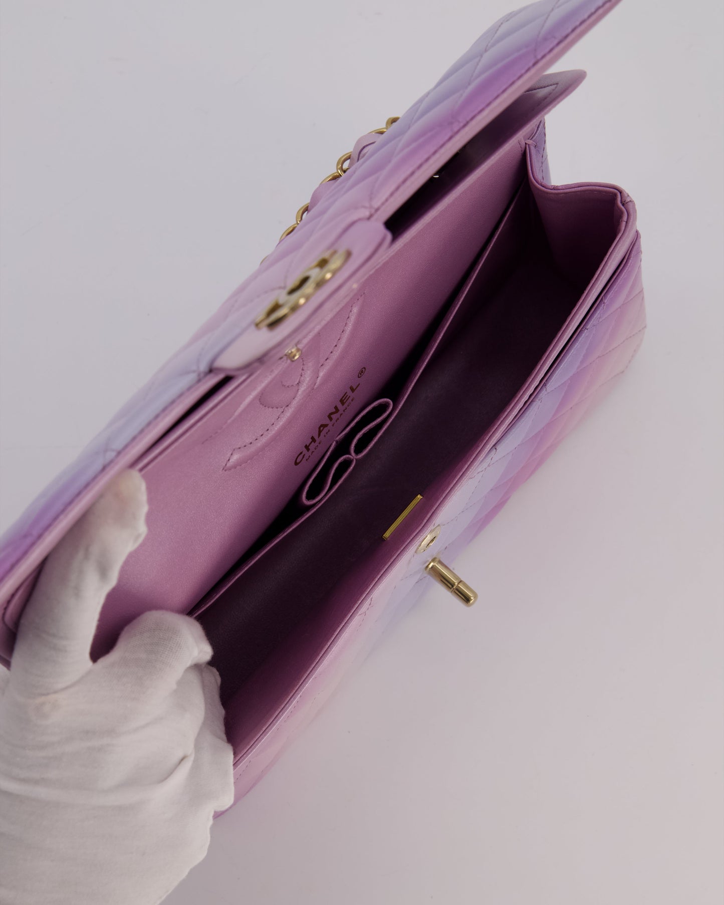 Chanel Purple & Pink Ombre Quilted Medium Double Flap Bag in Lambskin with Champagne Gold Hardware