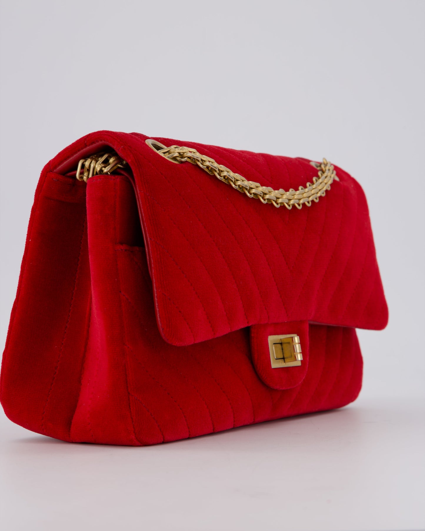 Chanel Red Velvet Reissue 2.55 Quilted Medium Double Flap Bag with Gold Hardware