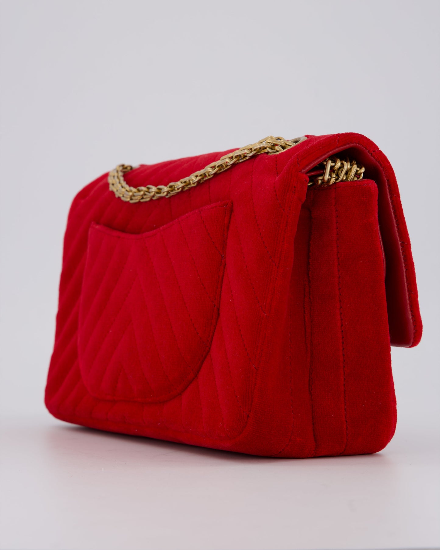 Chanel Red Velvet Reissue 2.55 Quilted Medium Double Flap Bag with Gold Hardware