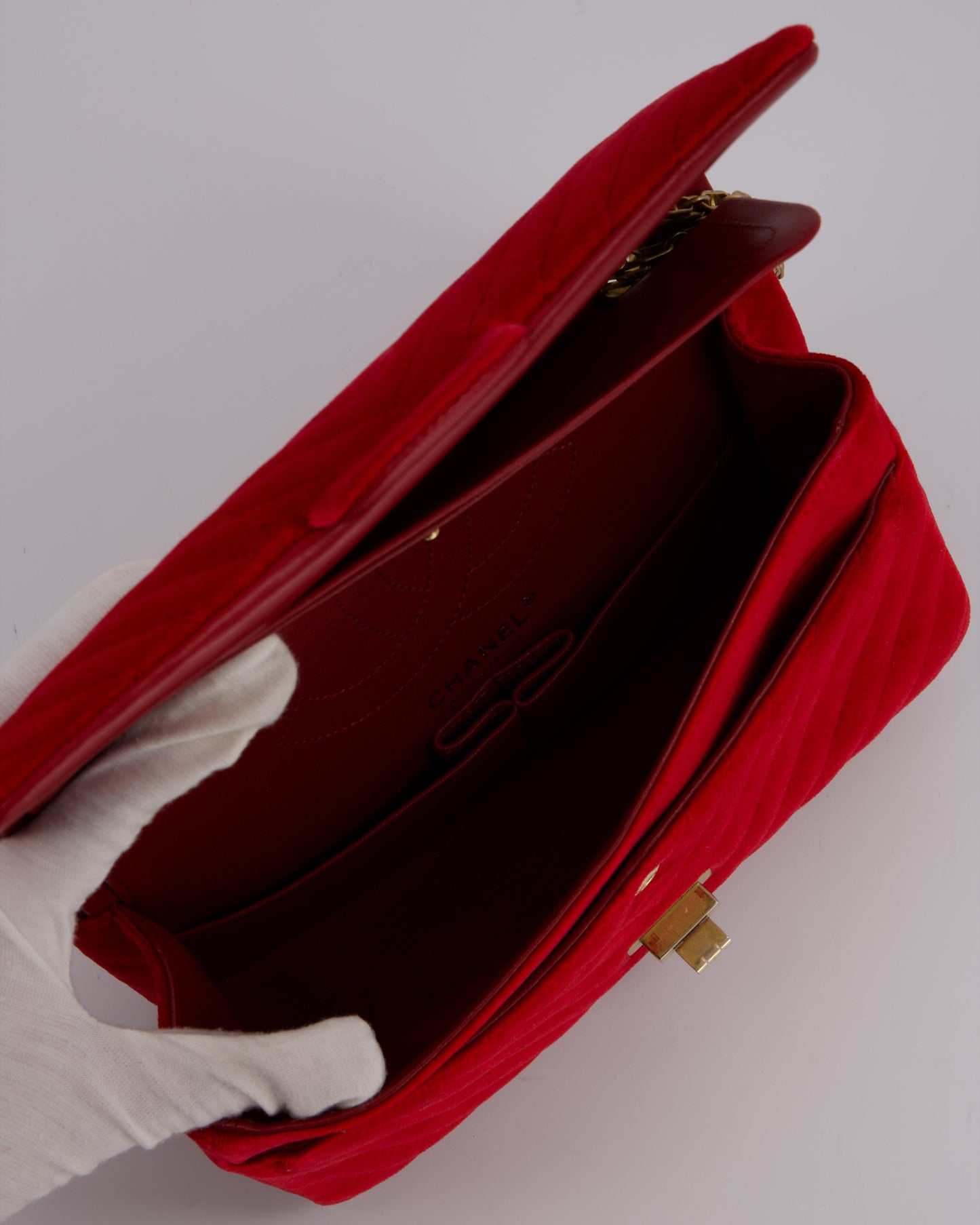 Chanel Red Velvet Reissue 2.55 Quilted Medium Double Flap Bag with Gold Hardware