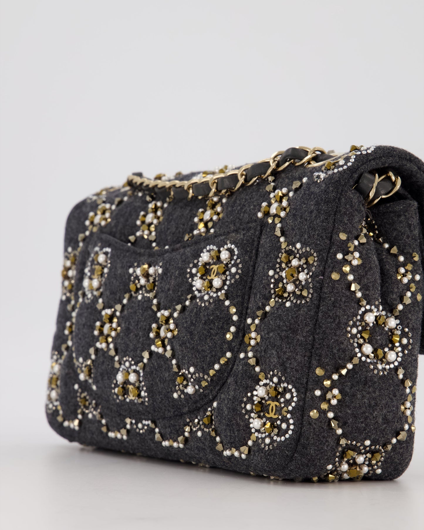 Chanel 21A Dark Grey Pearl Strass Crystal CC Classic Medium Double Flap Bag in Wool with Champagne Gold Hardware
