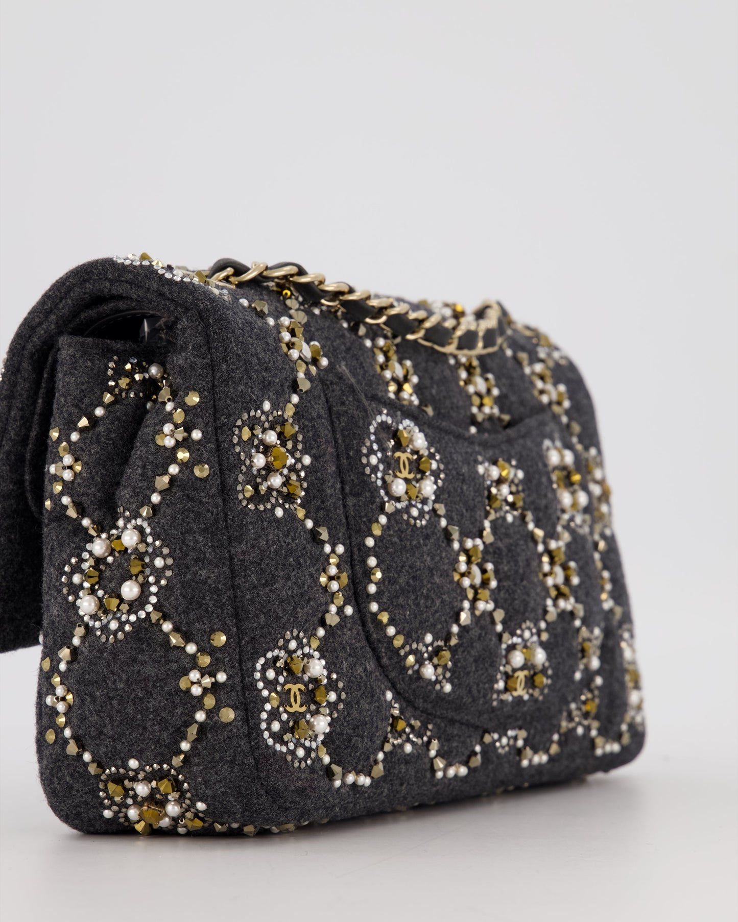 Chanel 21A Dark Grey Pearl Strass Crystal CC Classic Medium Double Flap Bag in Wool with Champagne Gold Hardware