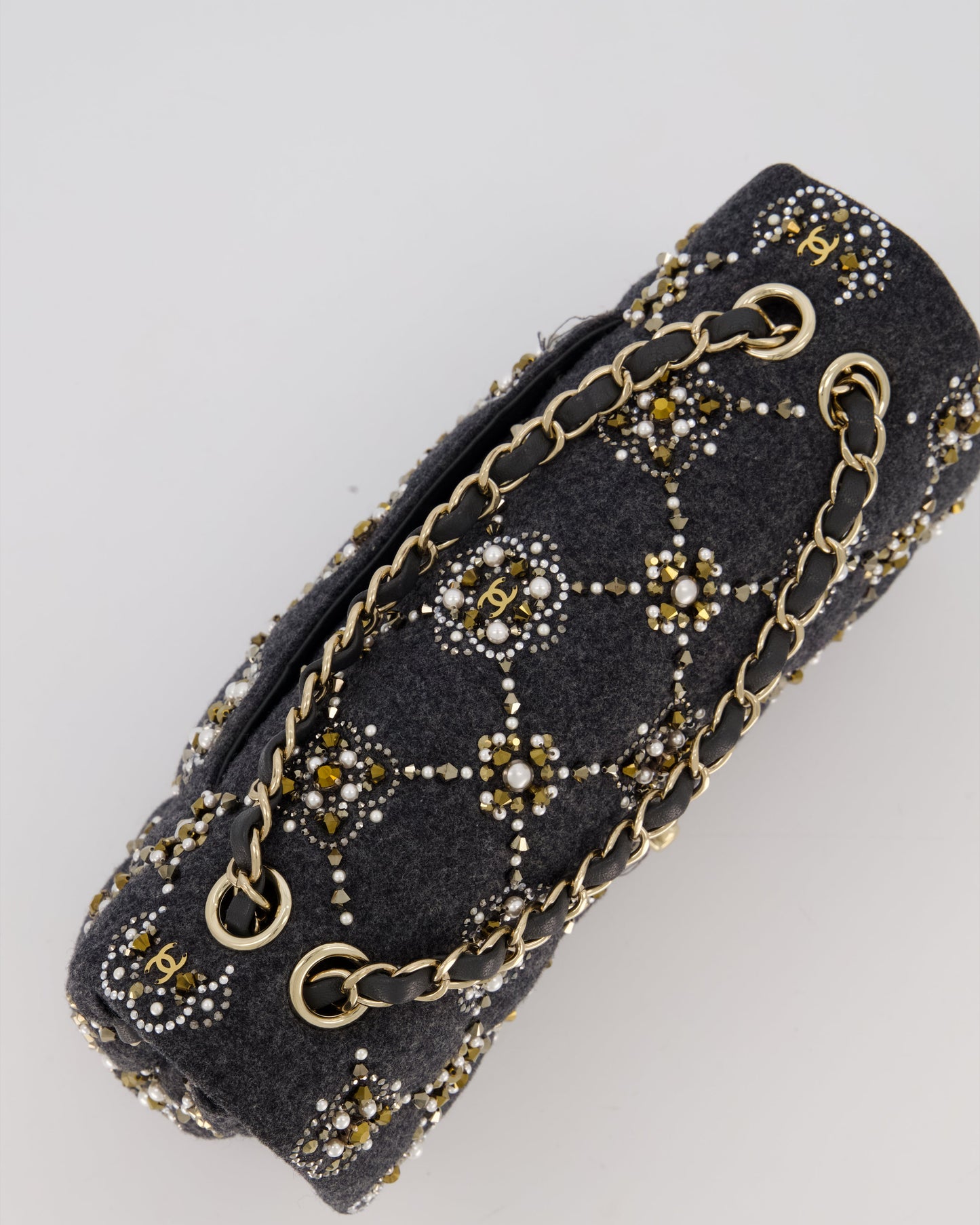 Chanel 21A Dark Grey Pearl Strass Crystal CC Classic Medium Double Flap Bag in Wool with Champagne Gold Hardware