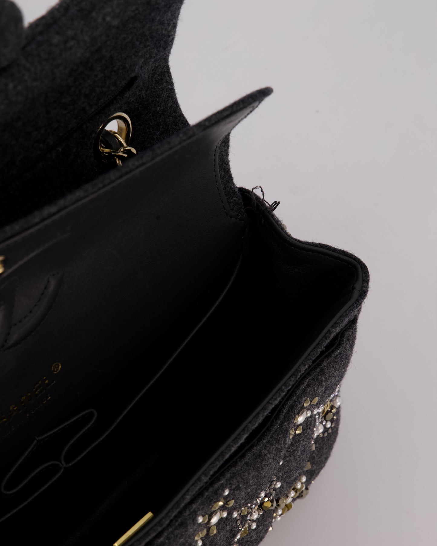 Chanel 21A Dark Grey Pearl Strass Crystal CC Classic Medium Double Flap Bag in Wool with Champagne Gold Hardware