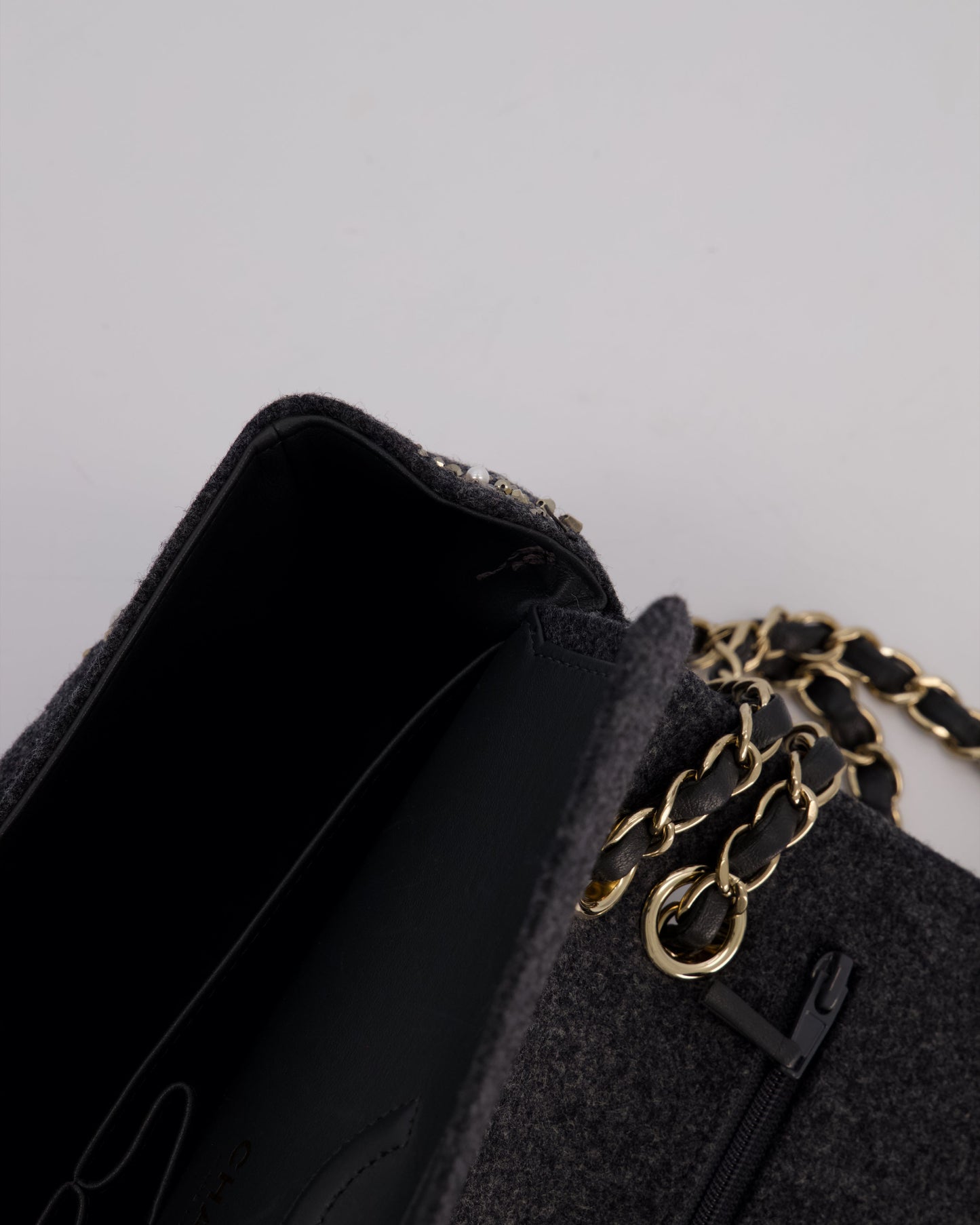 Chanel 21A Dark Grey Pearl Strass Crystal CC Classic Medium Double Flap Bag in Wool with Champagne Gold Hardware