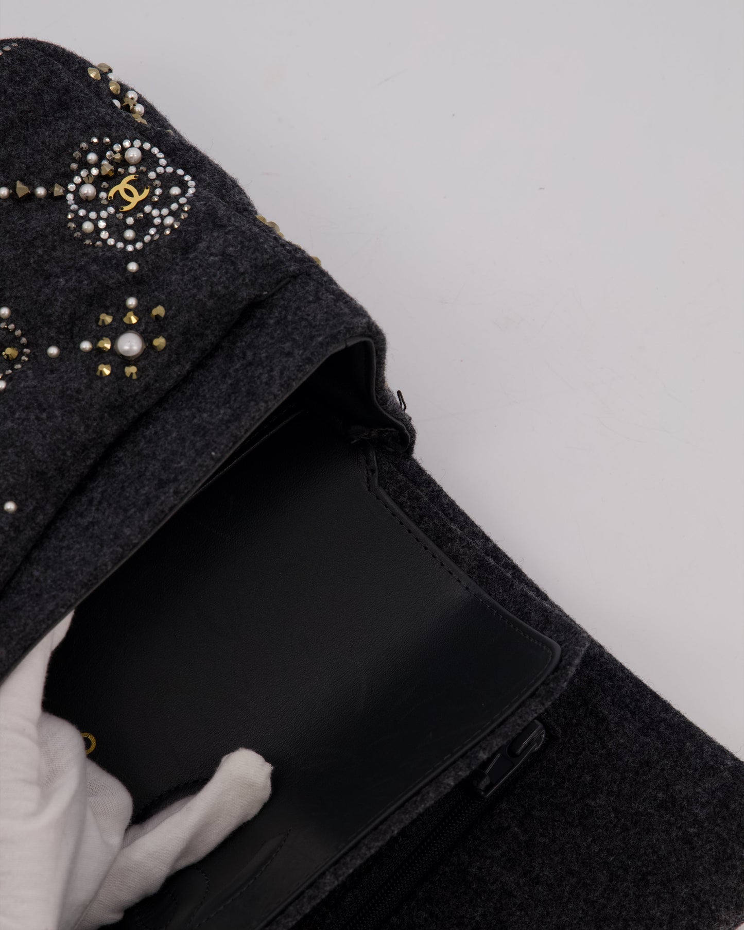 Chanel 21A Dark Grey Pearl Strass Crystal CC Classic Medium Double Flap Bag in Wool with Champagne Gold Hardware