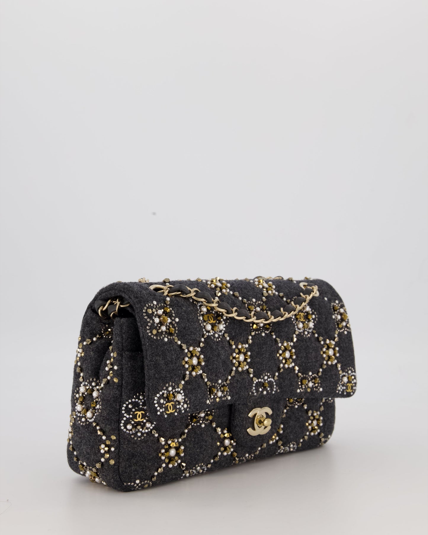 Chanel 21A Dark Grey Pearl Strass Crystal CC Classic Medium Double Flap Bag in Wool with Champagne Gold Hardware