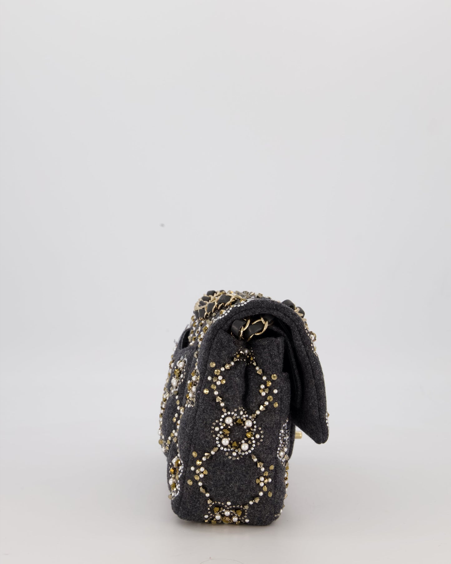 Chanel 21A Dark Grey Pearl Strass Crystal CC Classic Medium Double Flap Bag in Wool with Champagne Gold Hardware