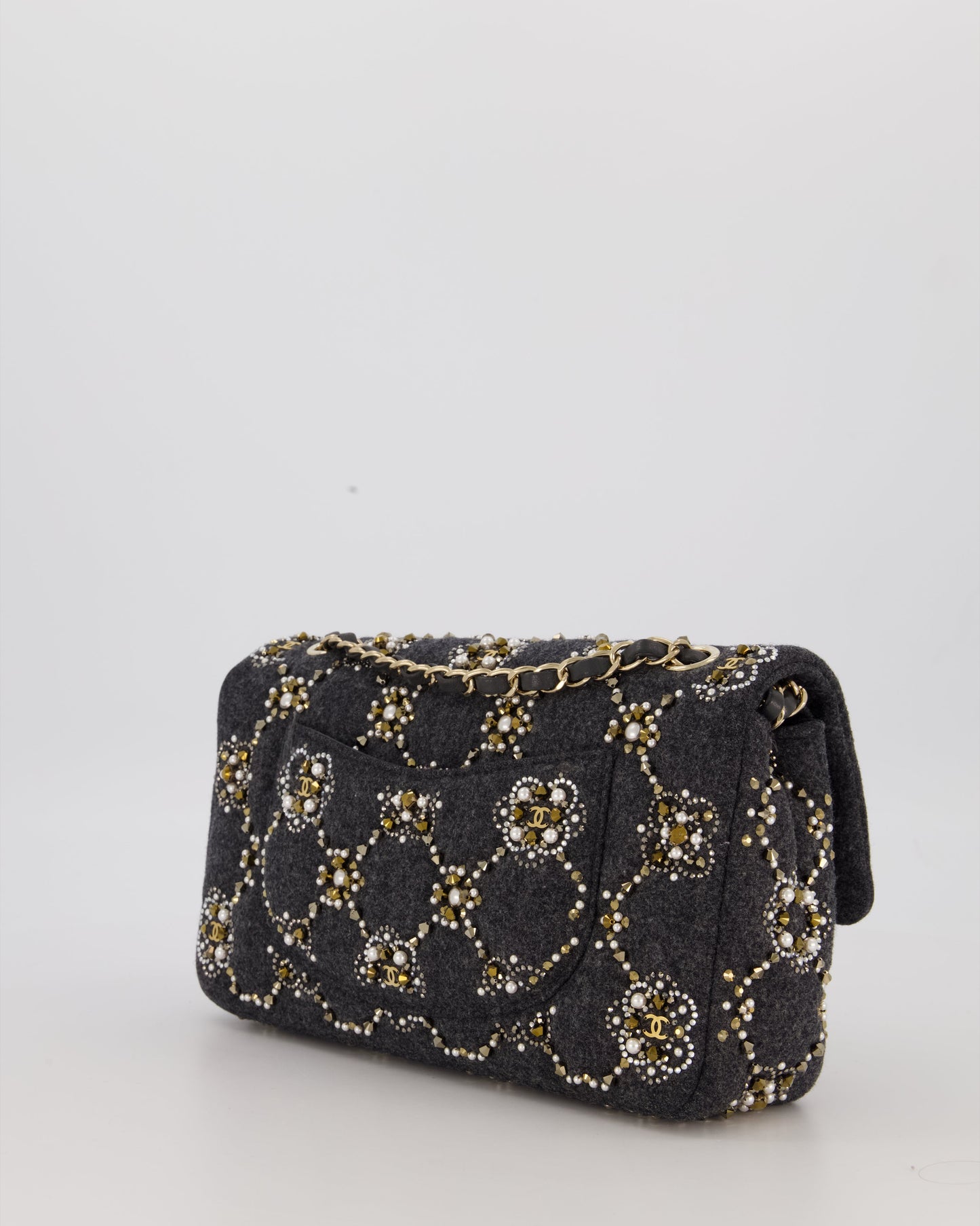 Chanel 21A Dark Grey Pearl Strass Crystal CC Classic Medium Double Flap Bag in Wool with Champagne Gold Hardware