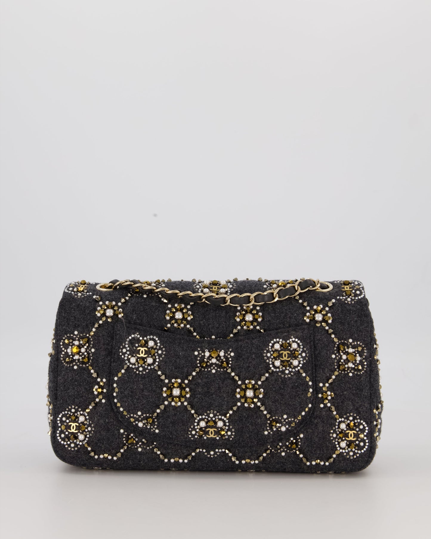 Chanel 21A Dark Grey Pearl Strass Crystal CC Classic Medium Double Flap Bag in Wool with Champagne Gold Hardware