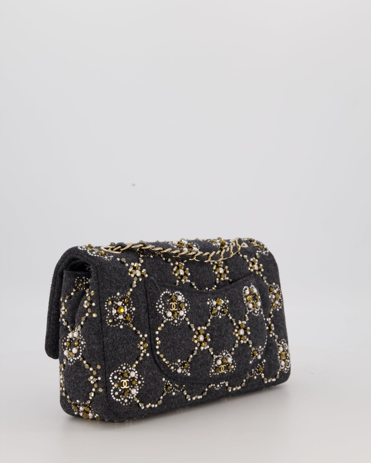 Chanel 21A Dark Grey Pearl Strass Crystal CC Classic Medium Double Flap Bag in Wool with Champagne Gold Hardware
