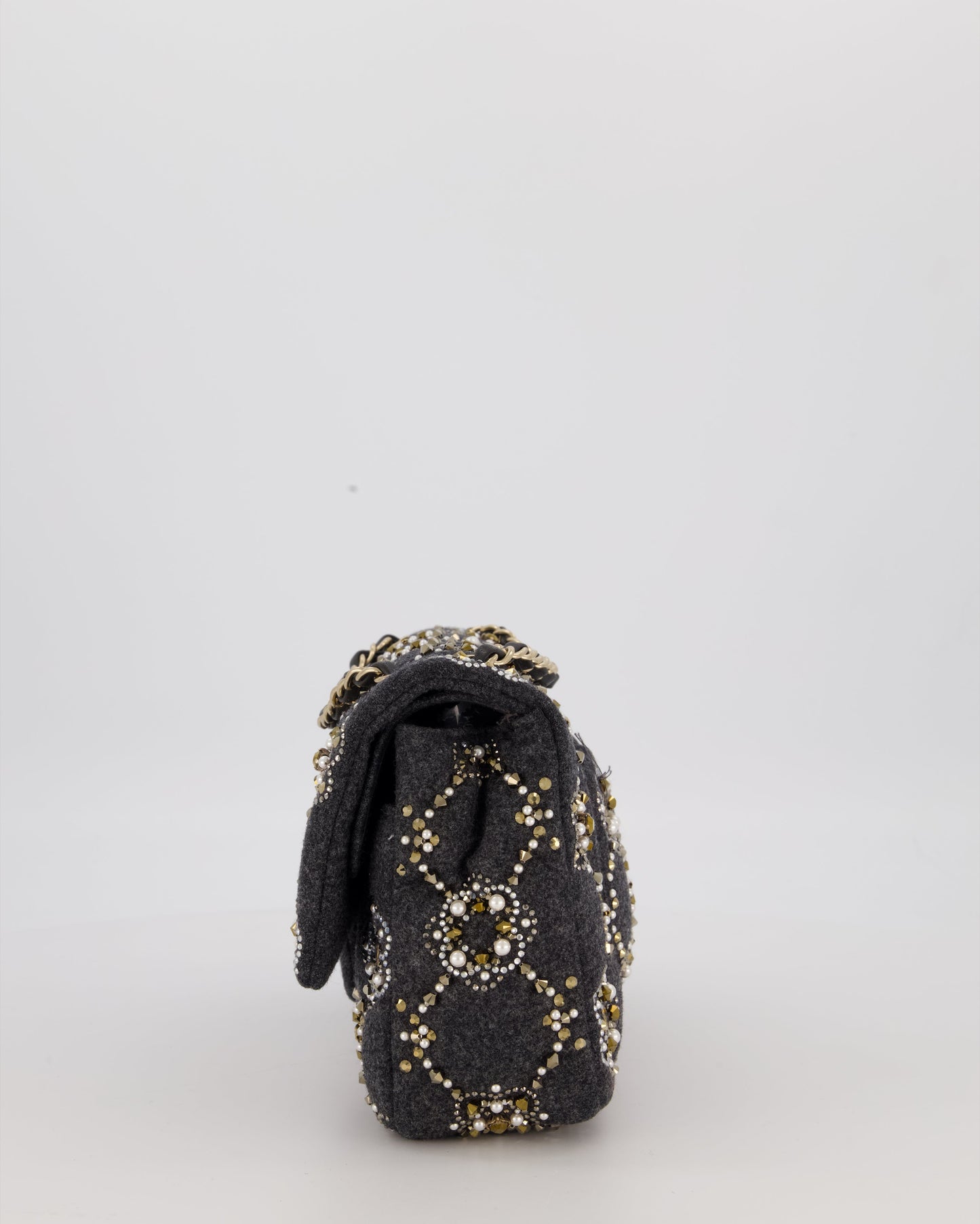 Chanel 21A Dark Grey Pearl Strass Crystal CC Classic Medium Double Flap Bag in Wool with Champagne Gold Hardware