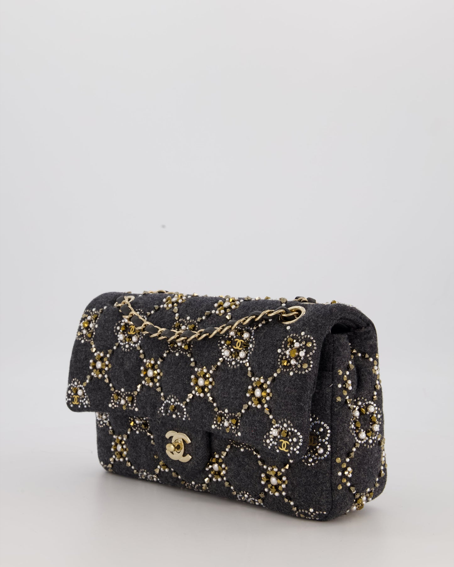 Chanel 21A Dark Grey Pearl Strass Crystal CC Classic Medium Double Flap Bag in Wool with Champagne Gold Hardware
