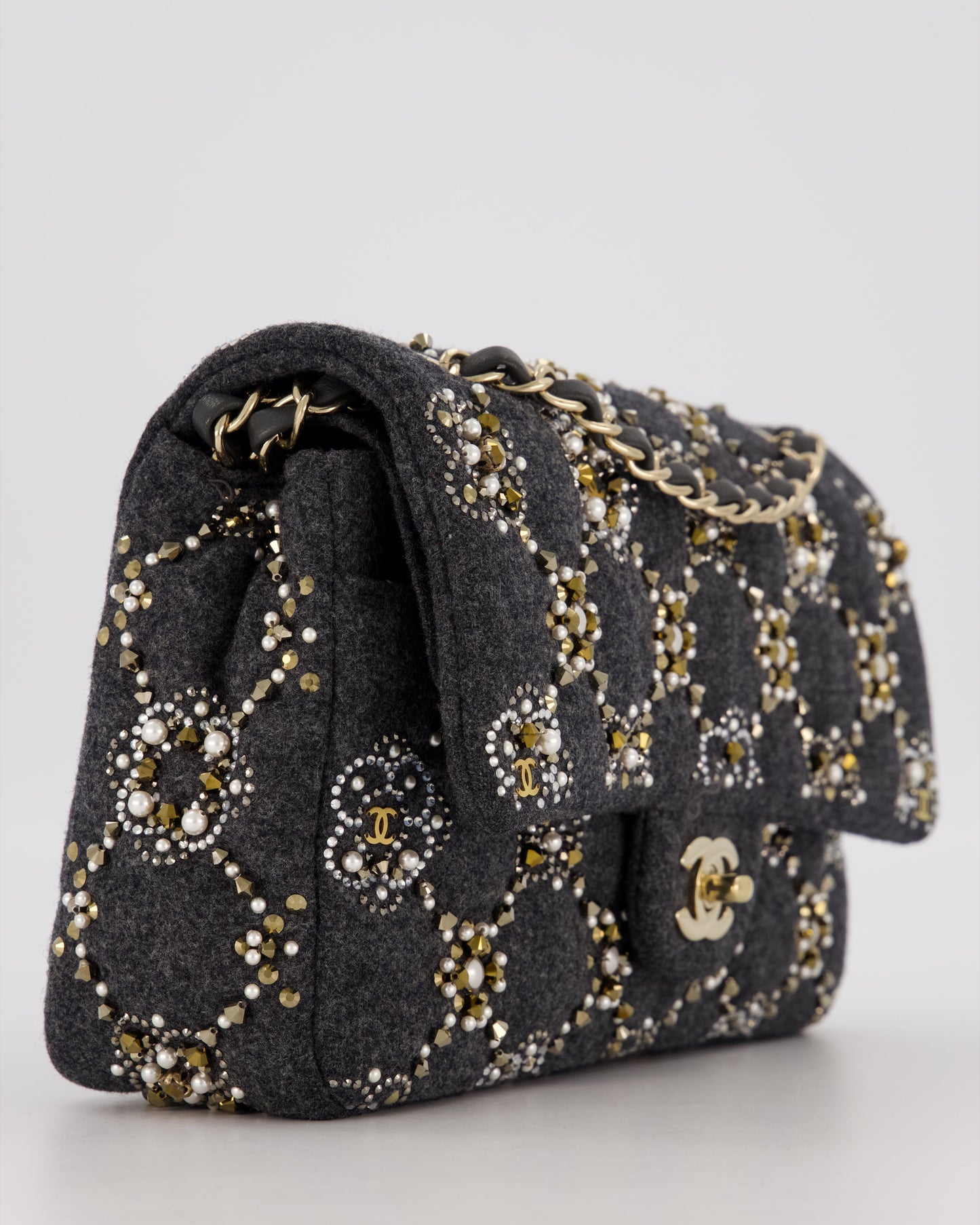 Chanel 21A Dark Grey Pearl Strass Crystal CC Classic Medium Double Flap Bag in Wool with Champagne Gold Hardware