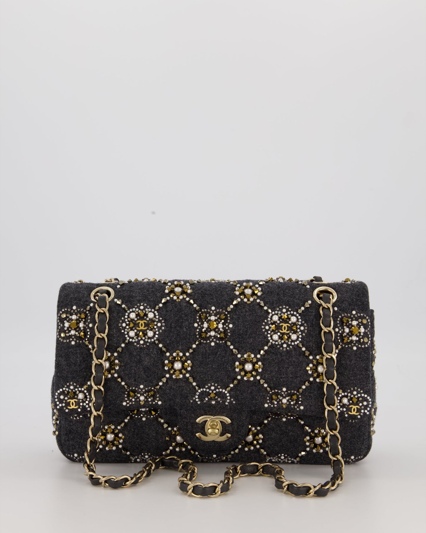 Chanel 21A Dark Grey Pearl Strass Crystal CC Classic Medium Double Flap Bag in Wool with Champagne Gold Hardware