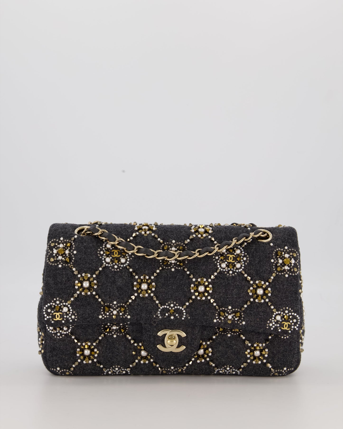 Chanel 21A Dark Grey Pearl Strass Crystal CC Classic Medium Double Flap Bag in Wool with Champagne Gold Hardware