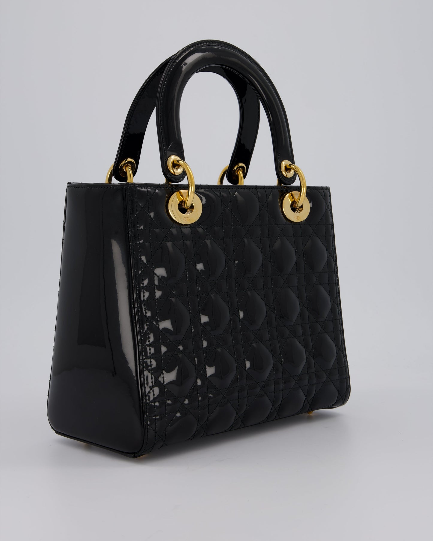 Christian Dior Medium Lady Dior Bag in Black Patent Leather With Gold Hardware