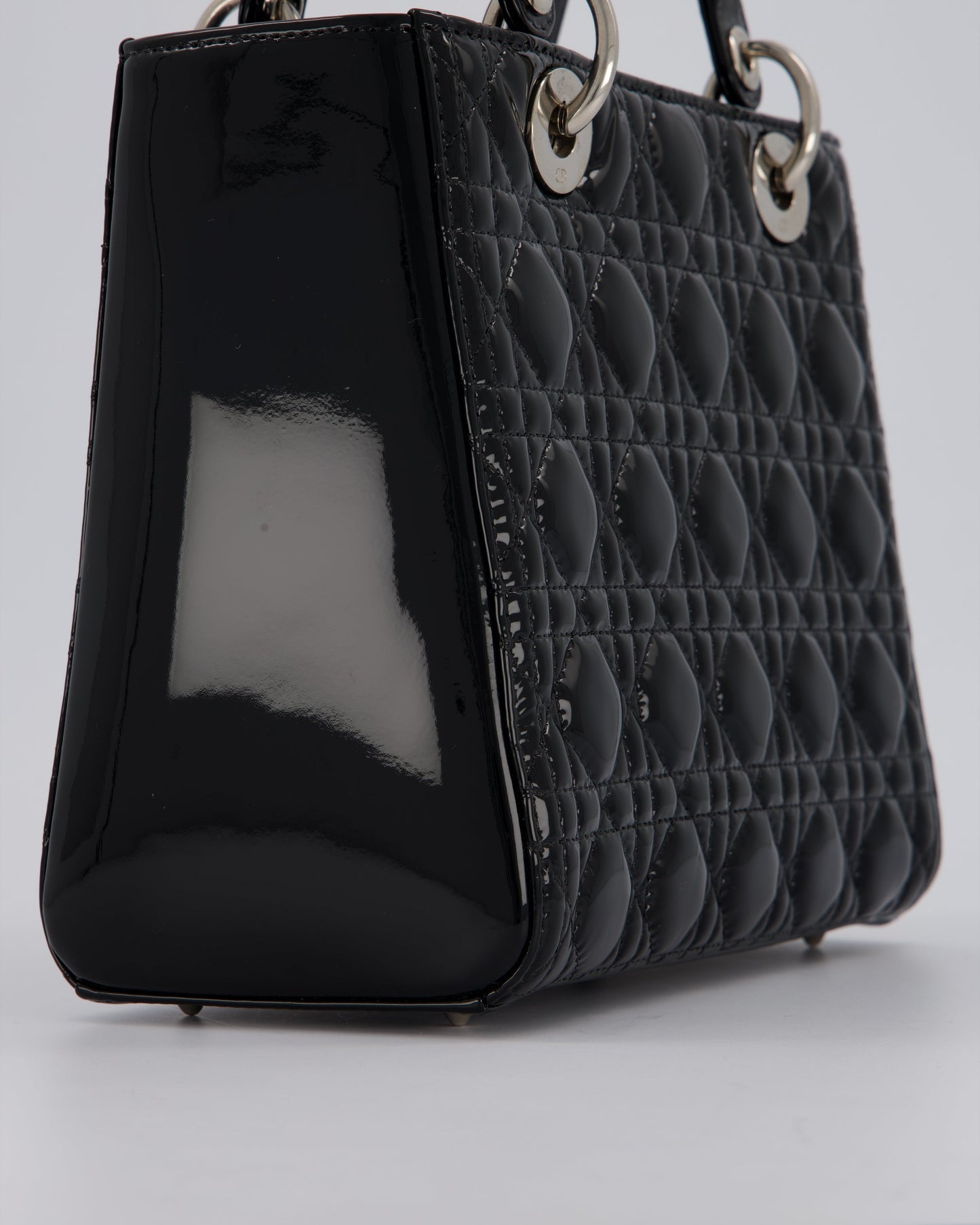 Christian Dior Medium Lady Dior Bag in Black Patent Leather With Silver Hardware