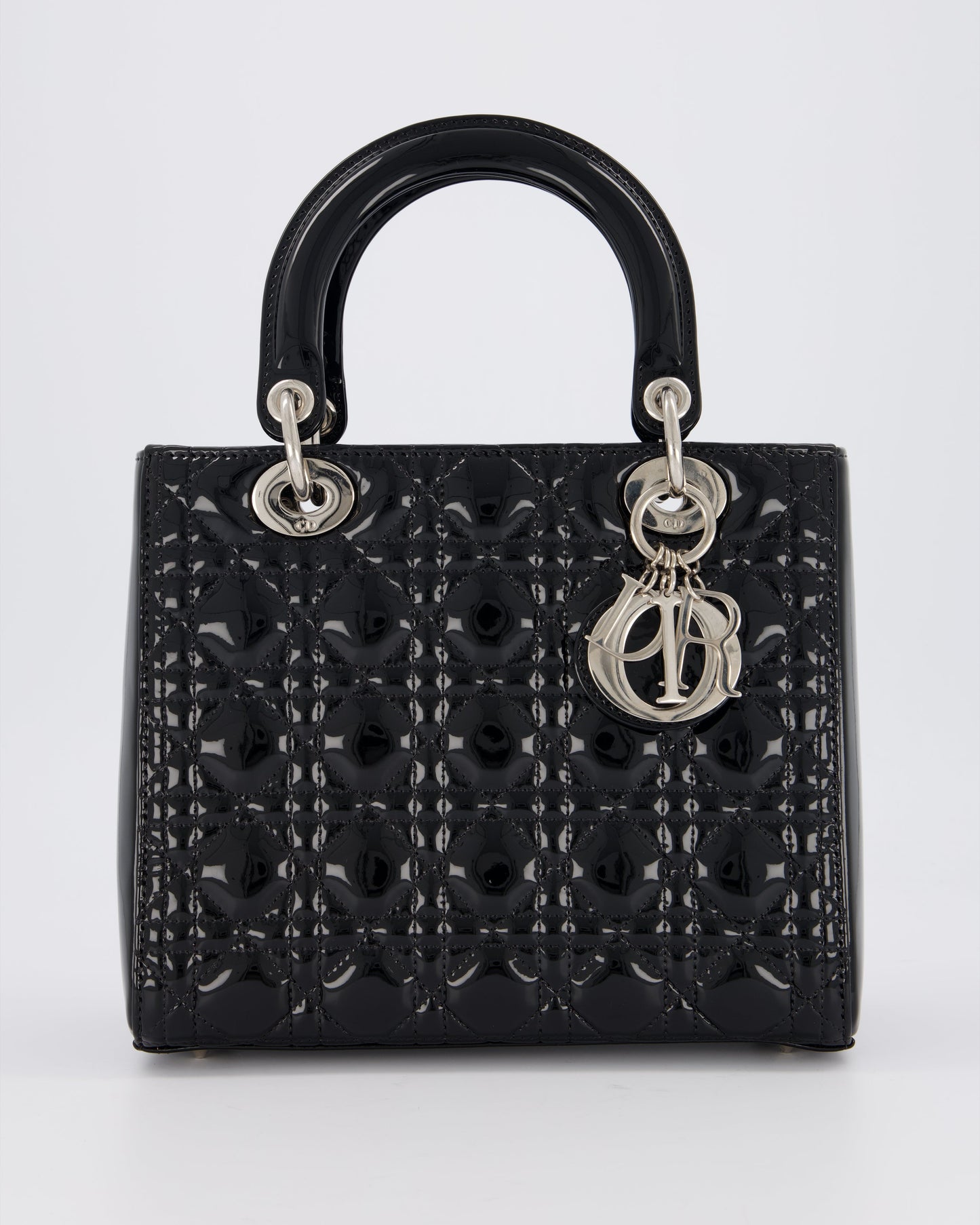 Christian Dior Medium Lady Dior Bag in Black Patent Leather With Silver Hardware