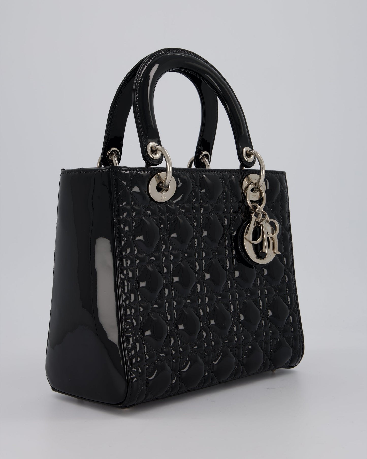 Christian Dior Medium Lady Dior Bag in Black Patent Leather With Silver Hardware