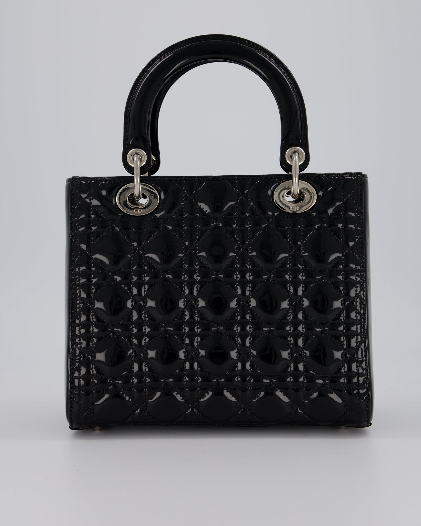 Christian Dior Medium Lady Dior Bag in Black Patent Leather With Silver Hardware