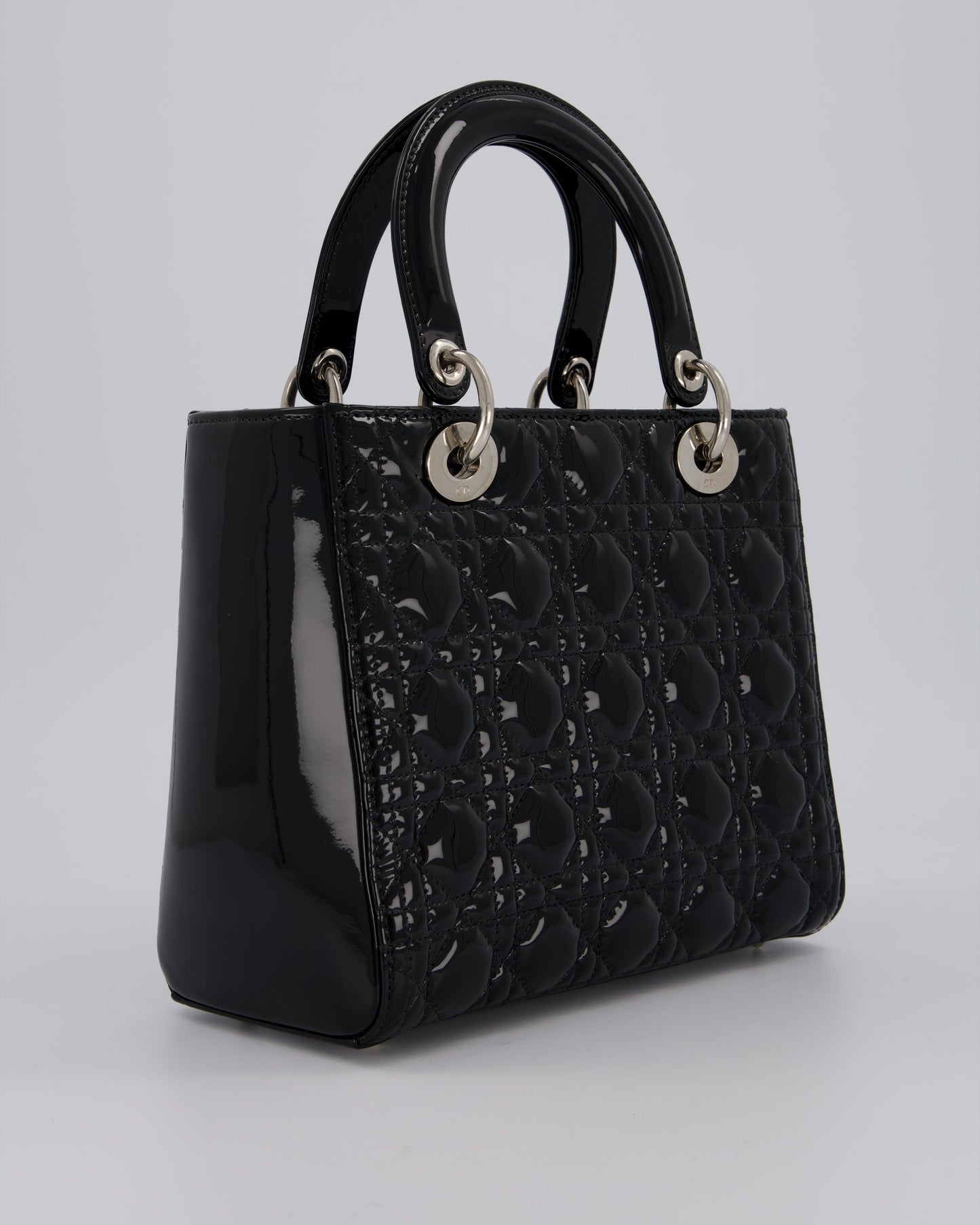 Christian Dior Medium Lady Dior Bag in Black Patent Leather With Silver Hardware