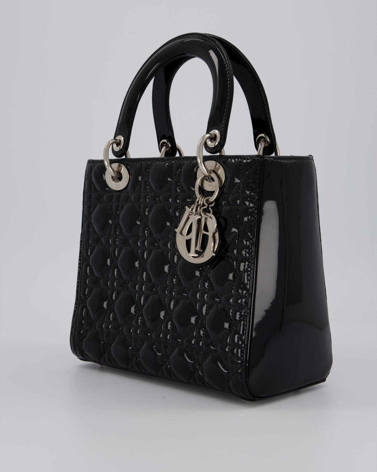 Christian Dior Medium Lady Dior Bag in Black Patent Leather With Silver Hardware