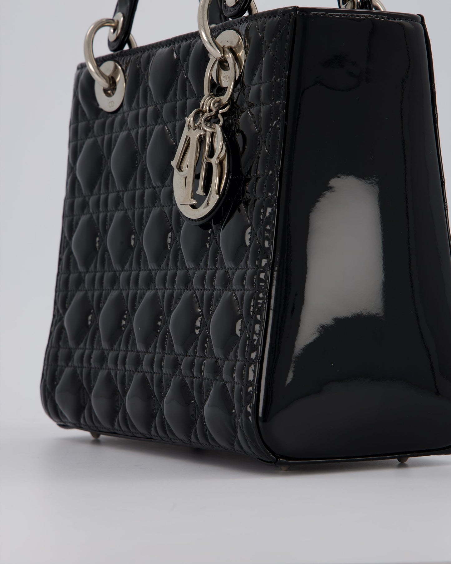 Christian Dior Medium Lady Dior Bag in Black Patent Leather With Silver Hardware