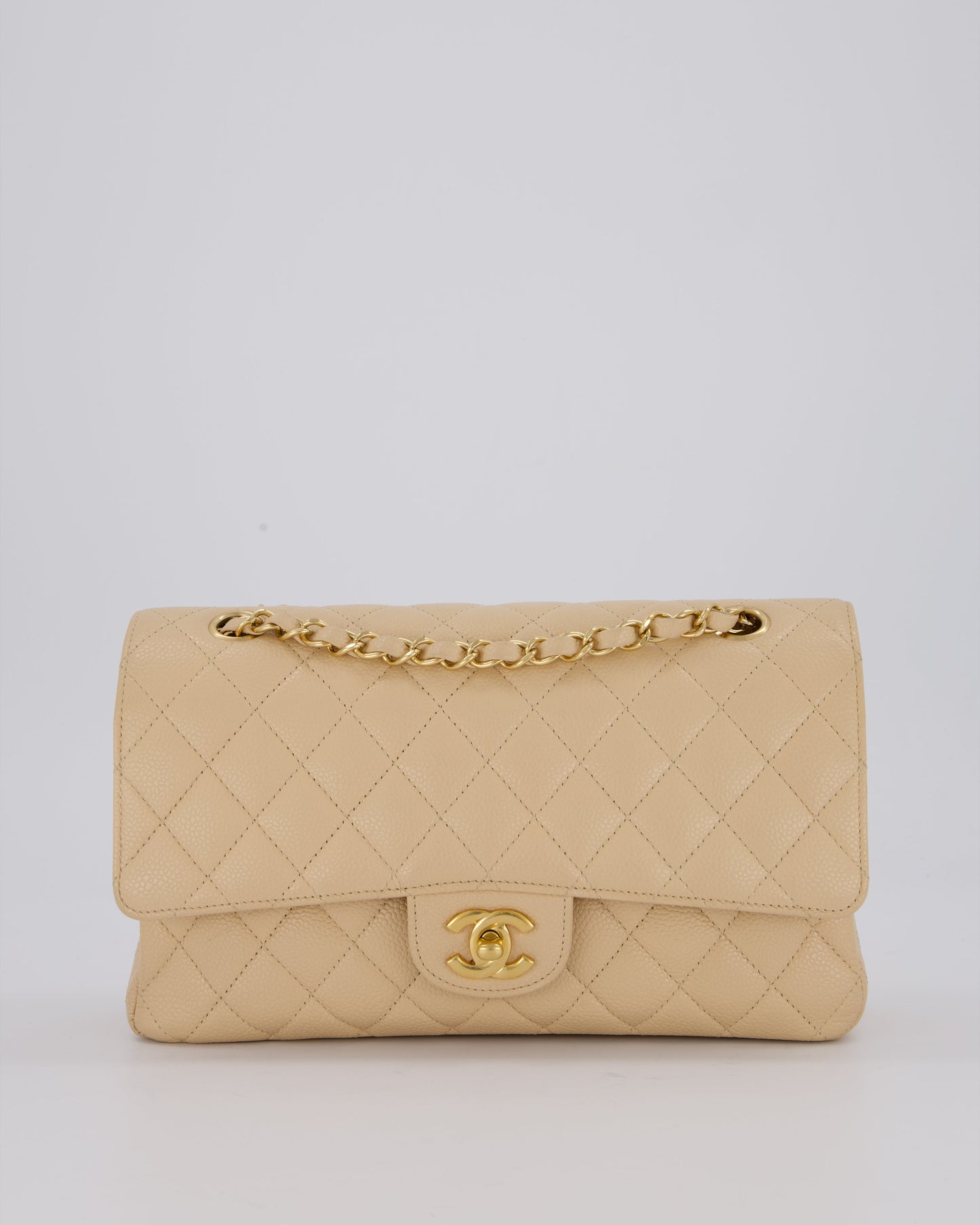 Chanel Beige Classic Medium Double Flap Bag in Caviar Leather with Gold Hardware