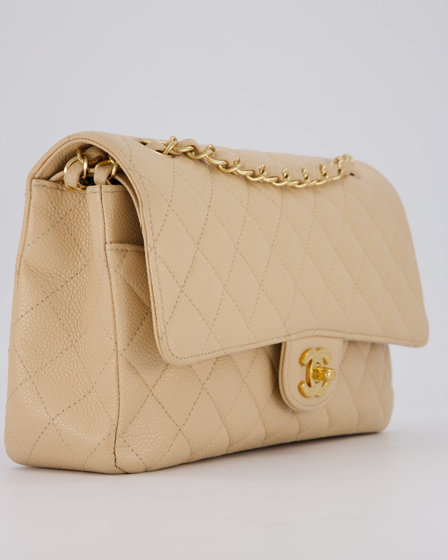 Chanel Beige Classic Medium Double Flap Bag in Caviar Leather with Gold Hardware