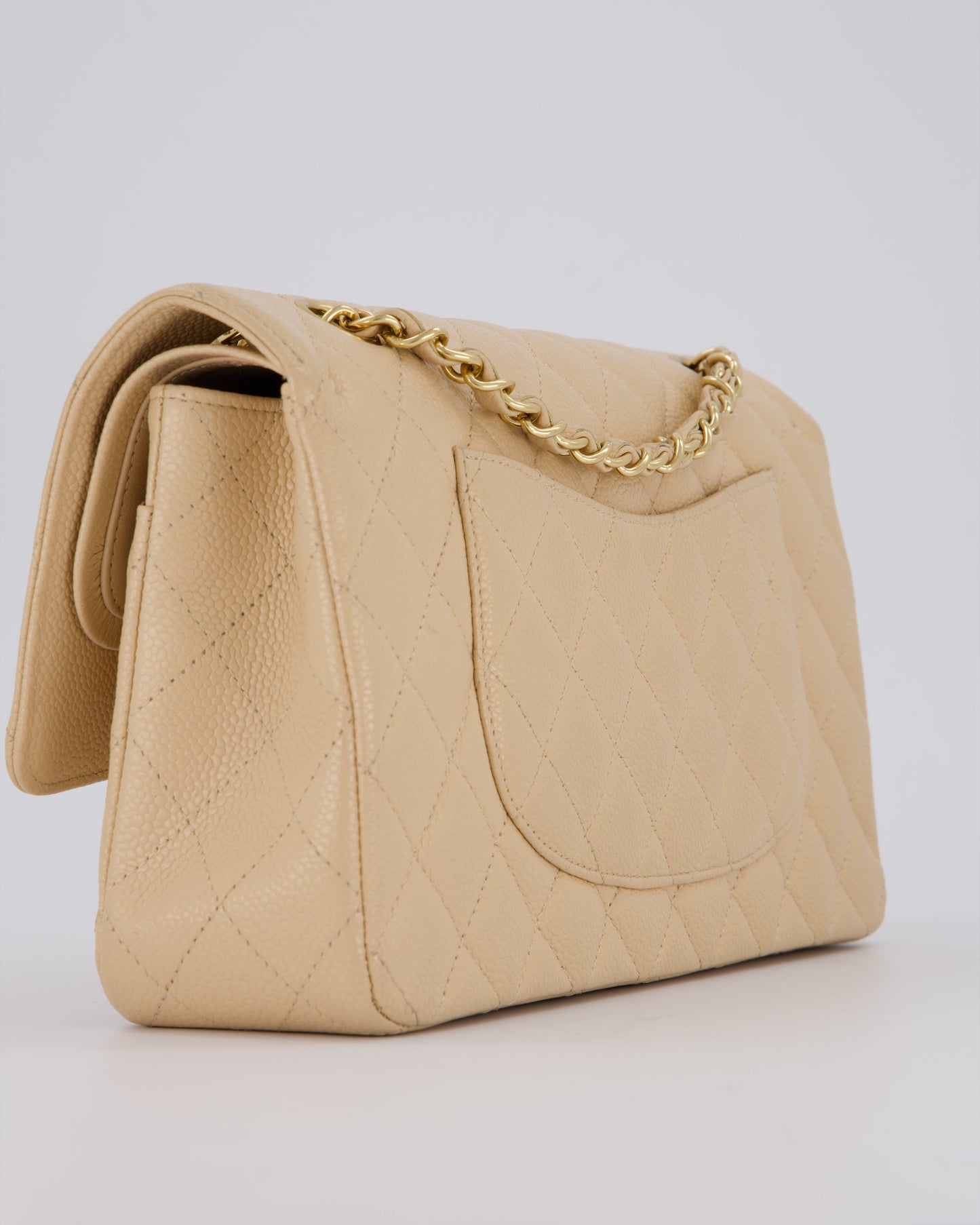 Chanel Beige Classic Medium Double Flap Bag in Caviar Leather with Gold Hardware