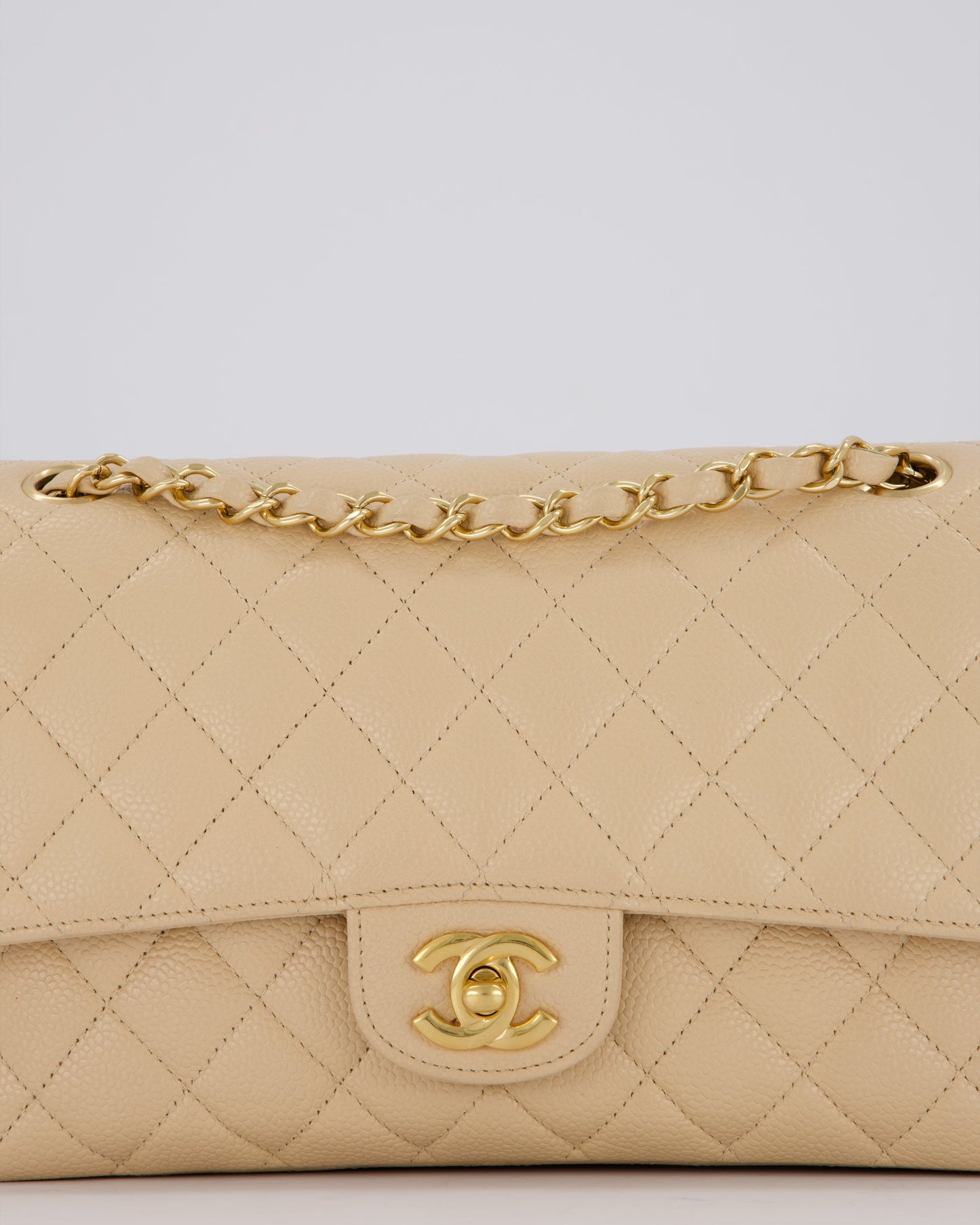 Chanel Beige Classic Medium Double Flap Bag in Caviar Leather with Gold Hardware