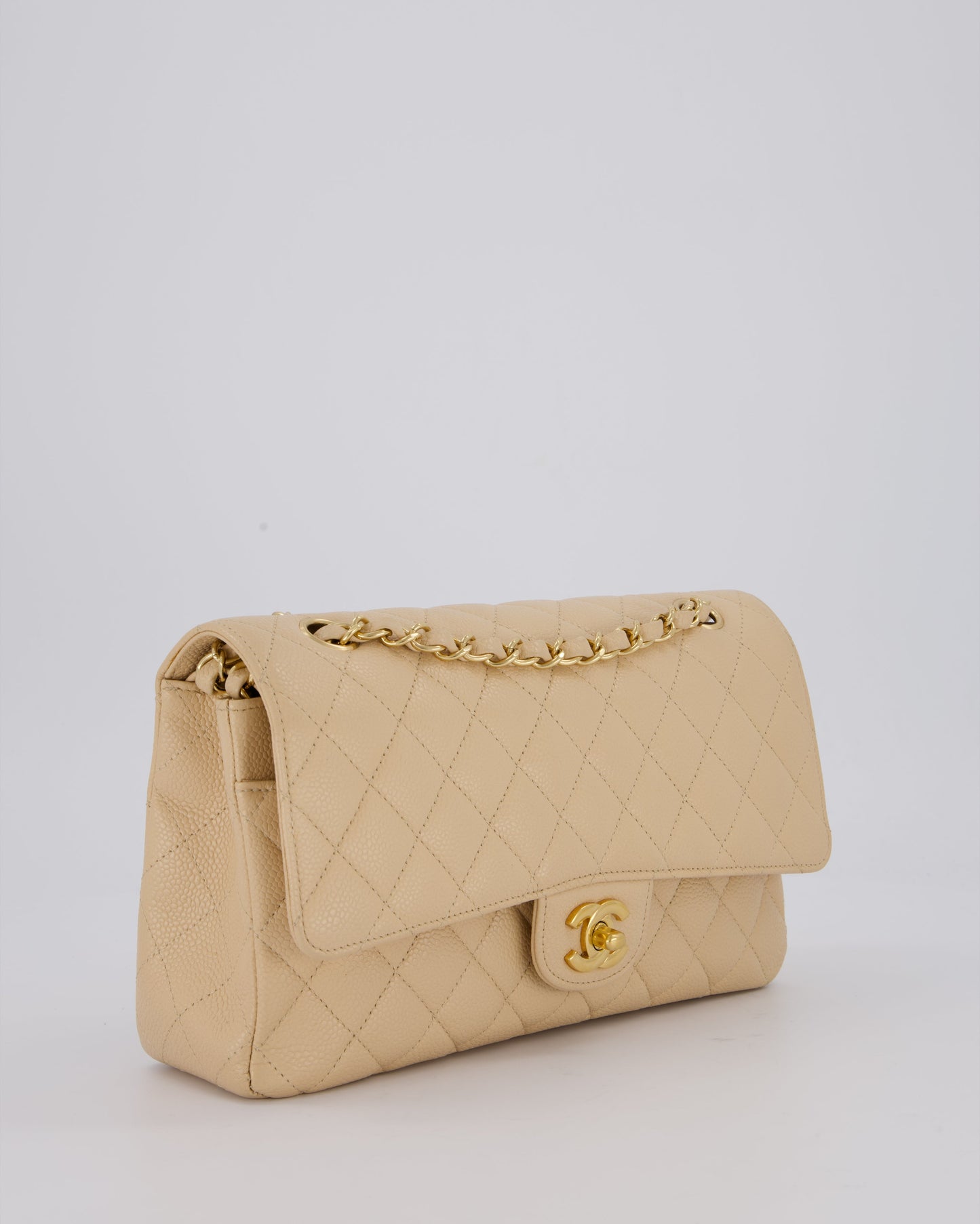 Chanel Beige Classic Medium Double Flap Bag in Caviar Leather with Gold Hardware