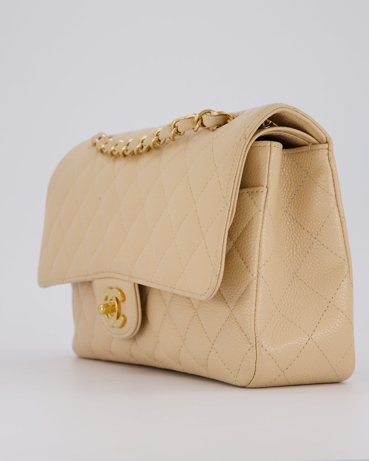Chanel Beige Classic Medium Double Flap Bag in Caviar Leather with Gold Hardware