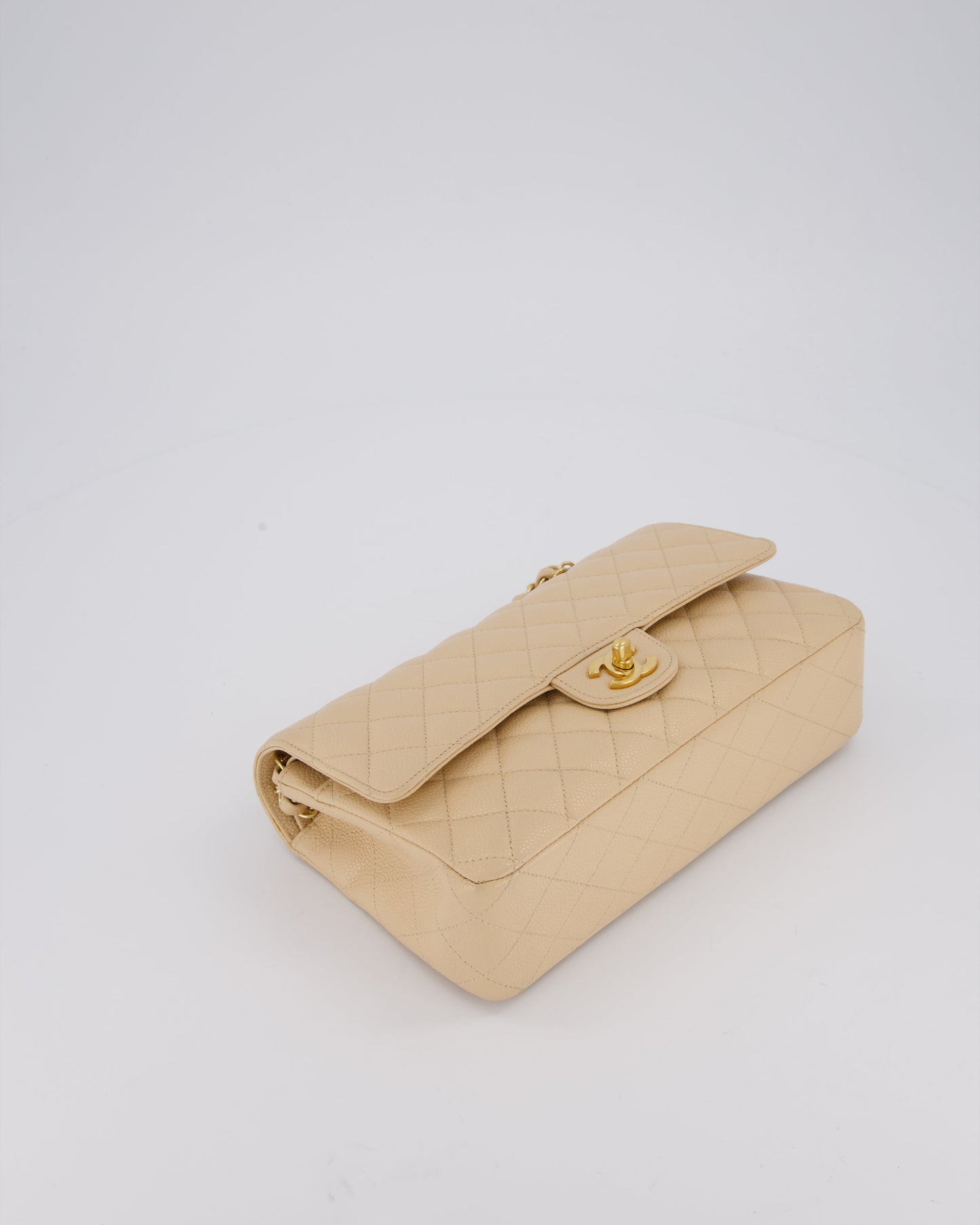 Chanel Beige Classic Medium Double Flap Bag in Caviar Leather with Gold Hardware