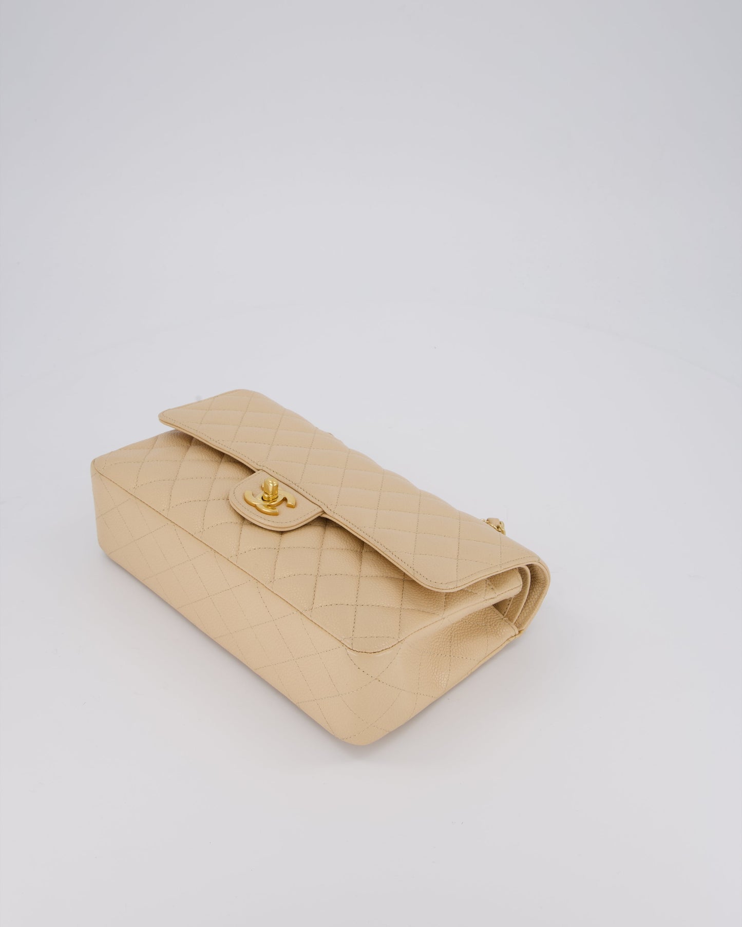 Chanel Beige Classic Medium Double Flap Bag in Caviar Leather with Gold Hardware
