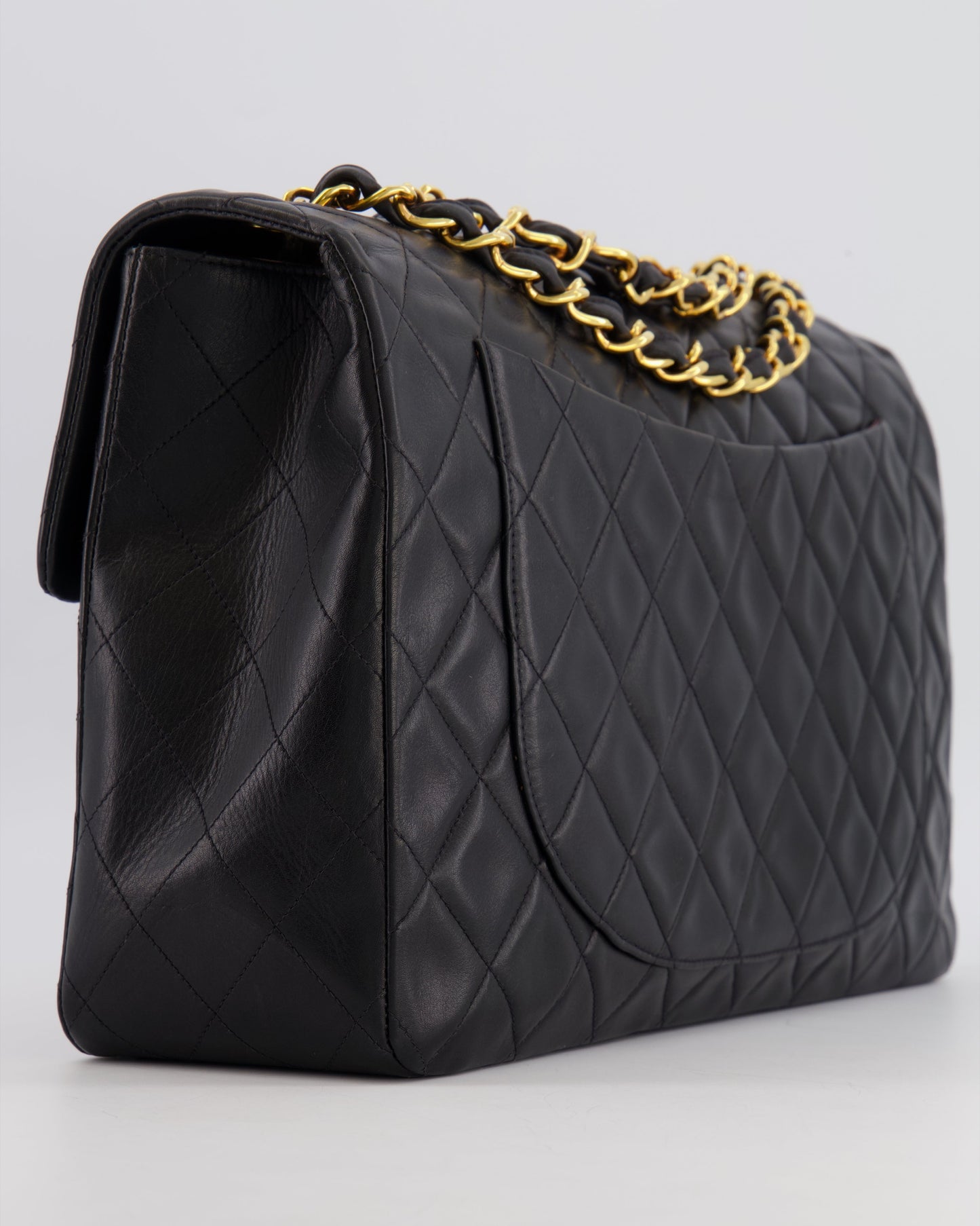 Chanel XL Maxi Single Flap Bag in Black Lambskin Leather with 24K Gold Hardware