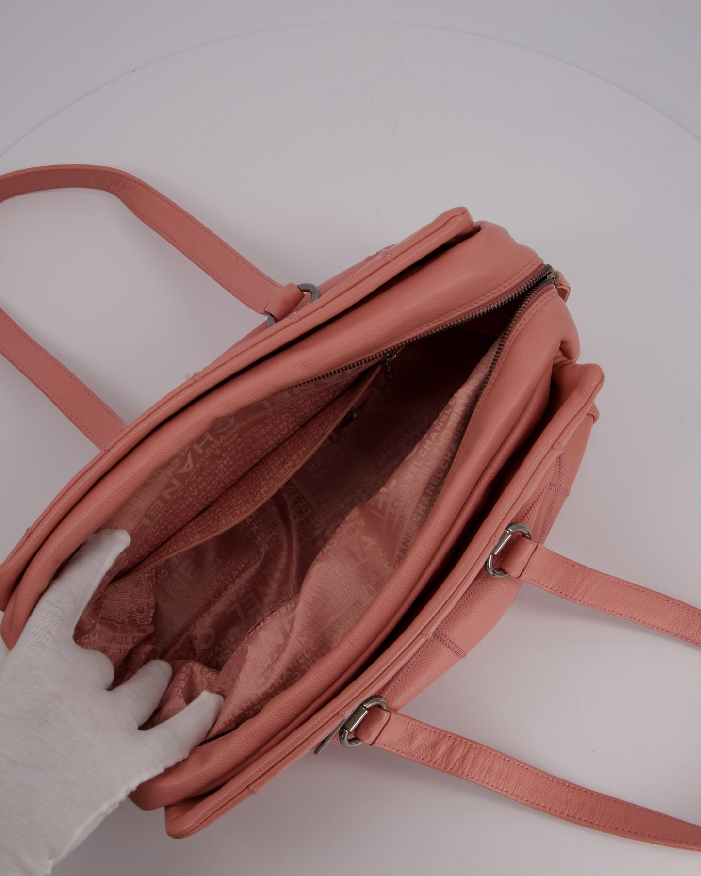 Chanel Pink Medium Square Lax East West Chocolate Bar Bowling Shoulder Bag in Cavior Leather with Silver Hardware