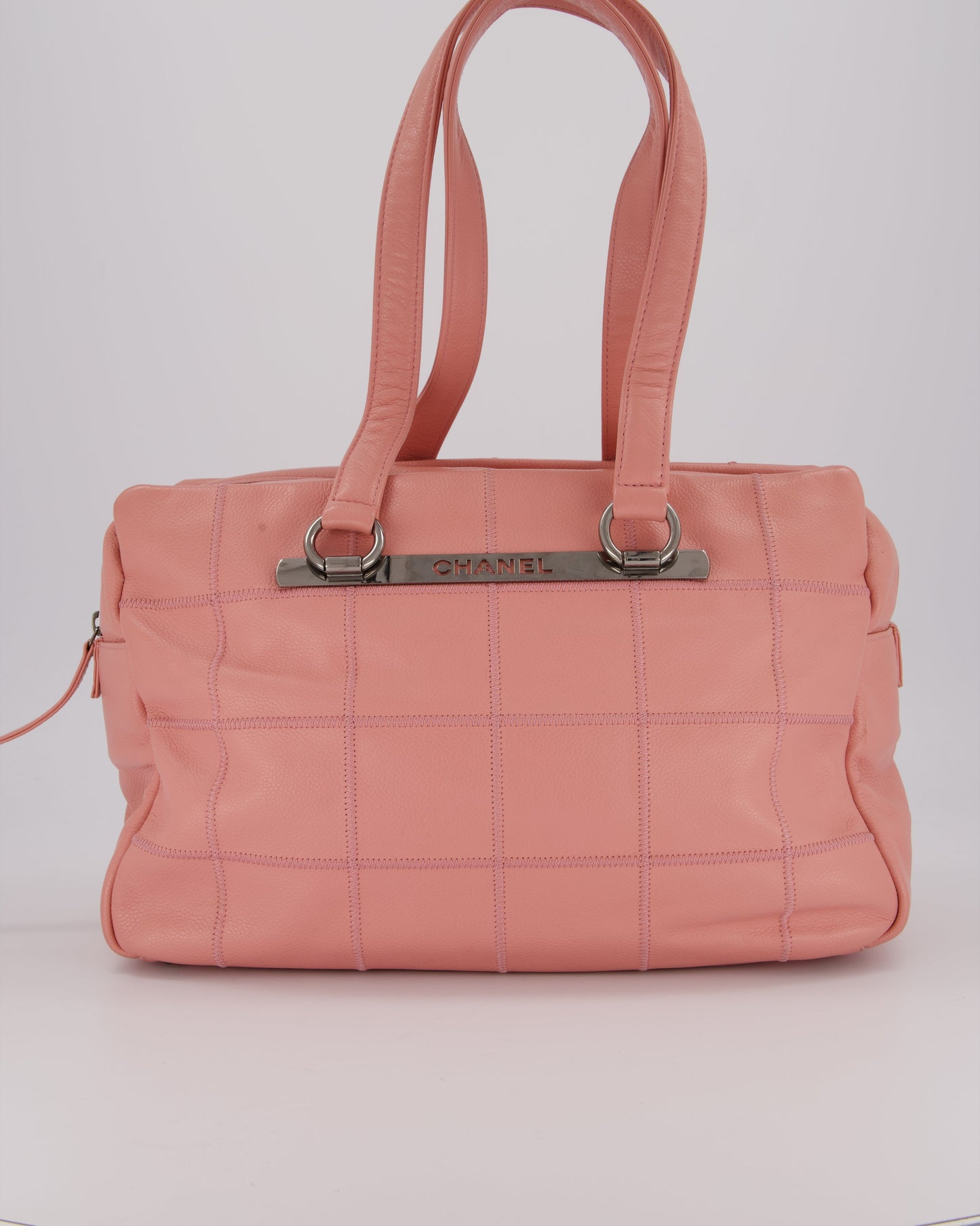 Chanel Pink Medium Square Lax East West Chocolate Bar Bowling Shoulder Bag in Cavior Leather with Silver Hardware