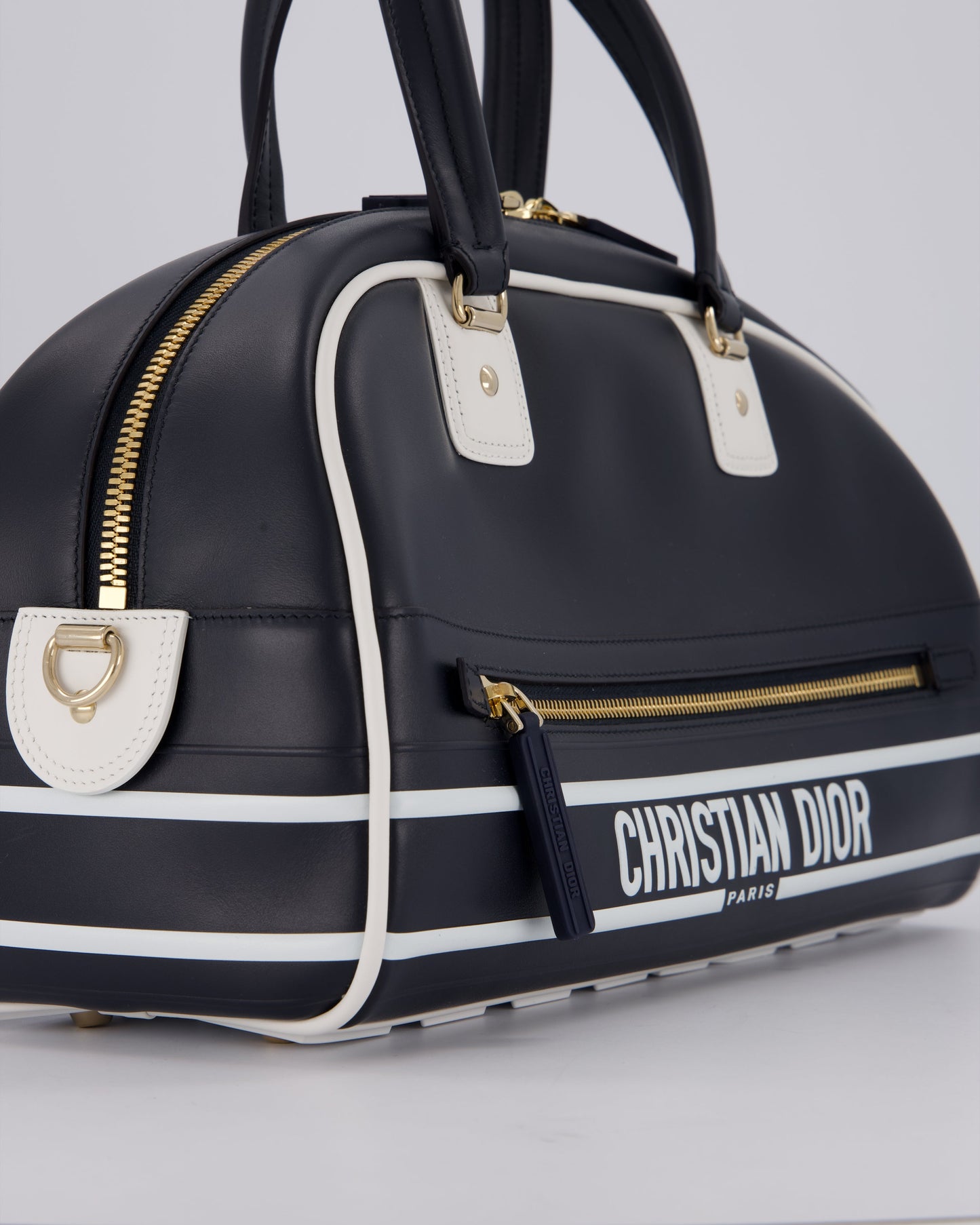 Christian Dior Vibe Bowling Bag in Navy Blue Calfskin Leather with Gold Hardware