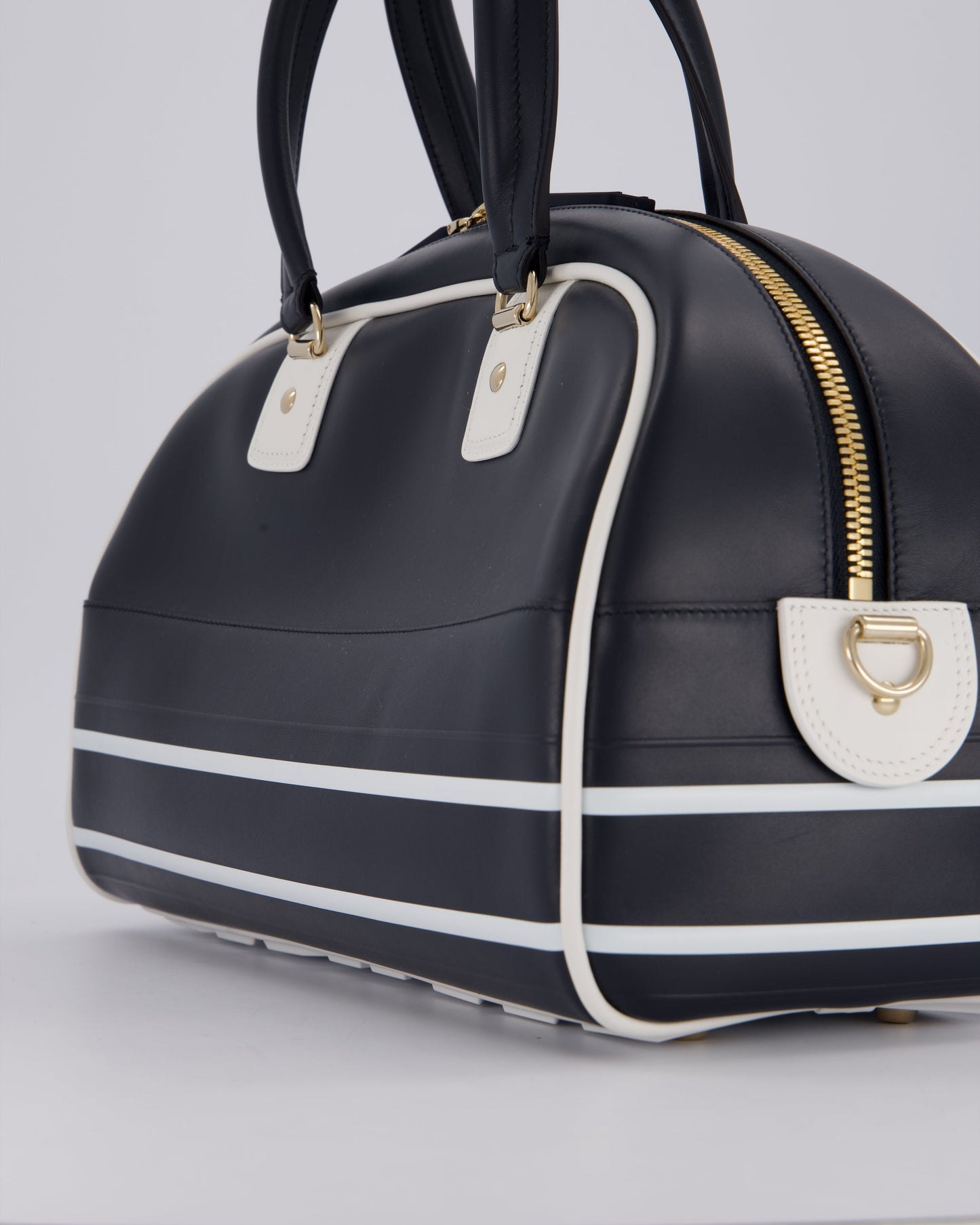 Christian Dior Vibe Bowling Bag in Navy Blue Calfskin Leather with Gold Hardware