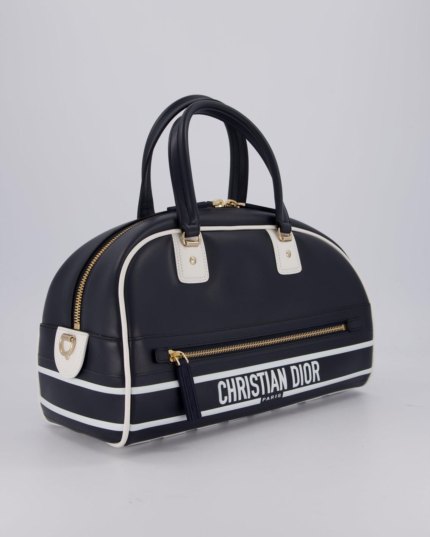 Christian Dior Vibe Bowling Bag in Navy Blue Calfskin Leather with Gold Hardware