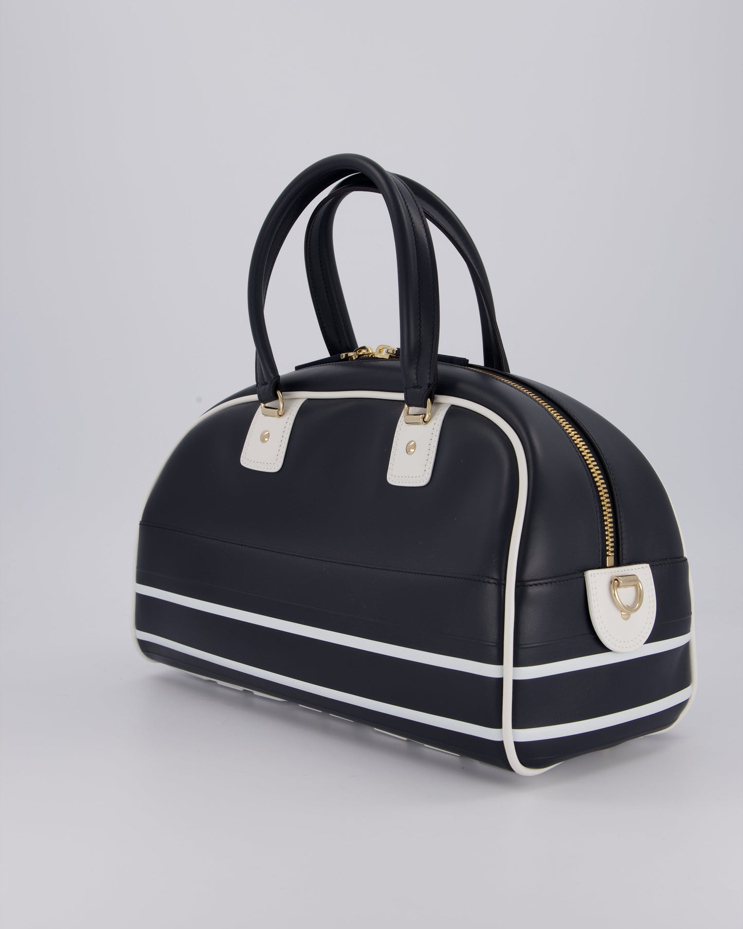 Christian Dior Vibe Bowling Bag in Navy Blue Calfskin Leather with Gold Hardware