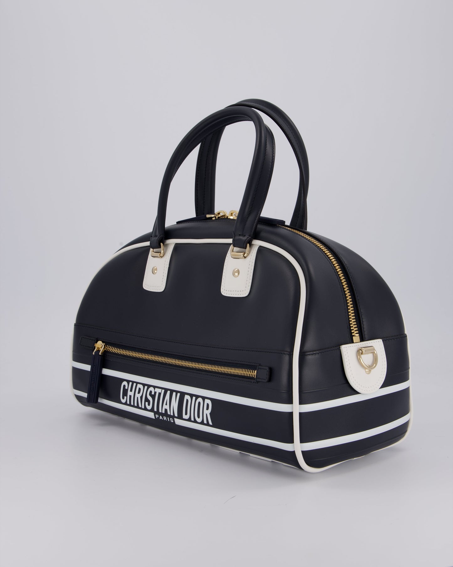 Christian Dior Vibe Bowling Bag in Navy Blue Calfskin Leather with Gold Hardware