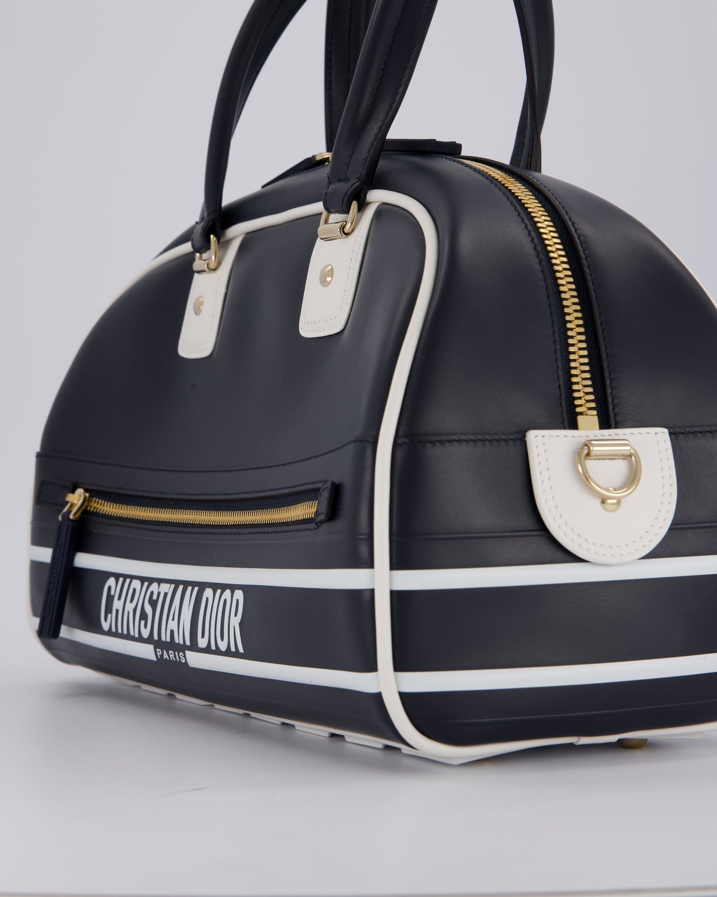 Christian Dior Vibe Bowling Bag in Navy Blue Calfskin Leather with Gold Hardware