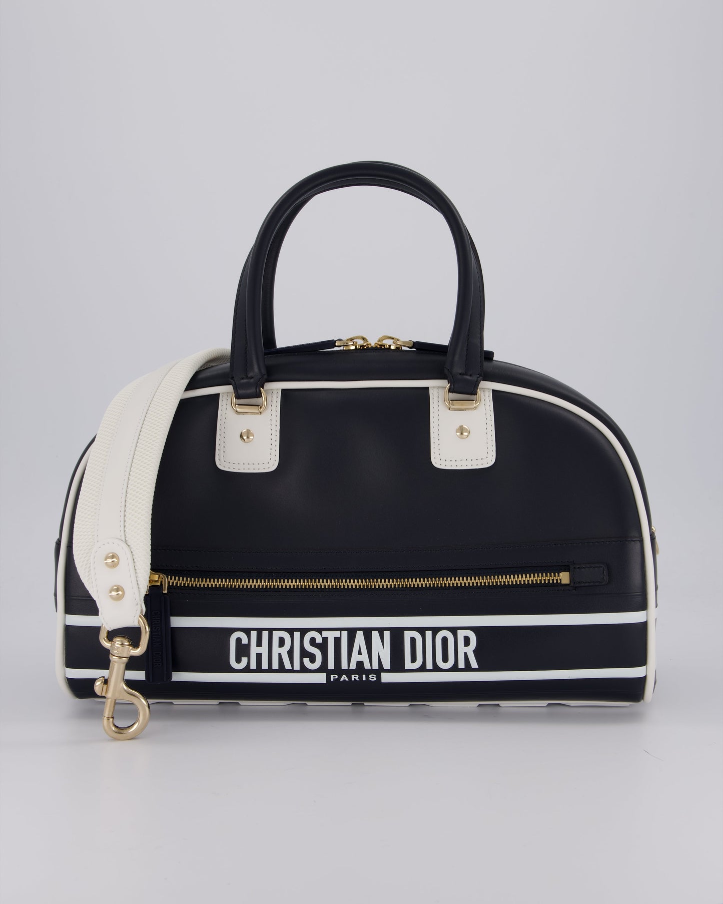 Christian Dior Vibe Bowling Bag in Navy Blue Calfskin Leather with Gold Hardware