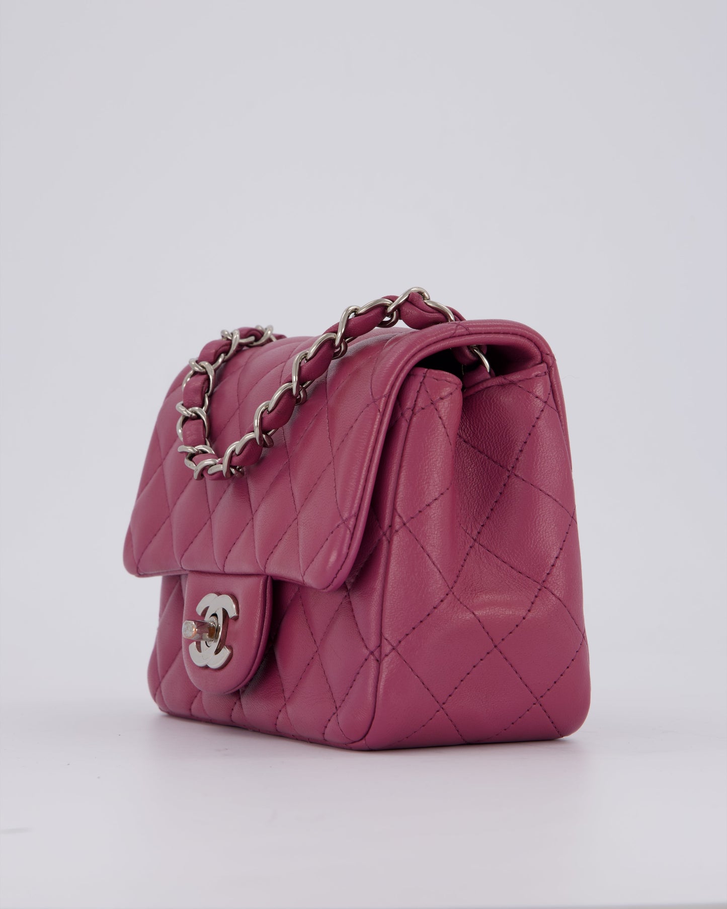 Chanel Purple Mini Square Flap Bag In Lambskin Leather With Silver Hardware